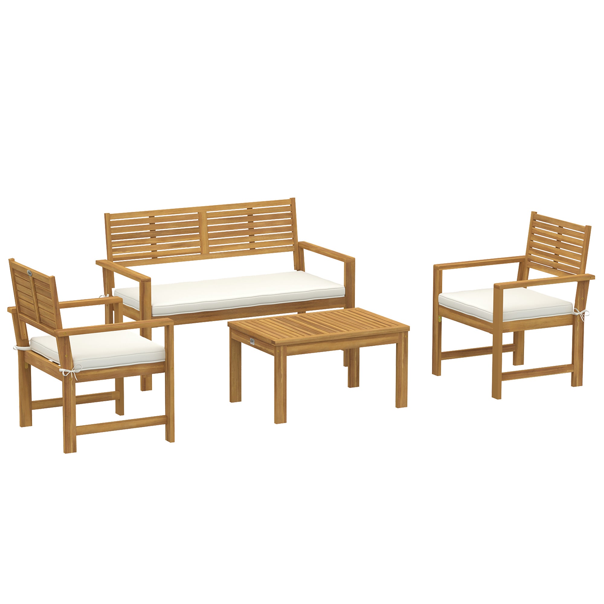 Outsunny 4 Seater Wooden Garden Furniture Set with Loveseat, Armchairs, Table, Acacia Wood Garden Sofa Set, Cream White