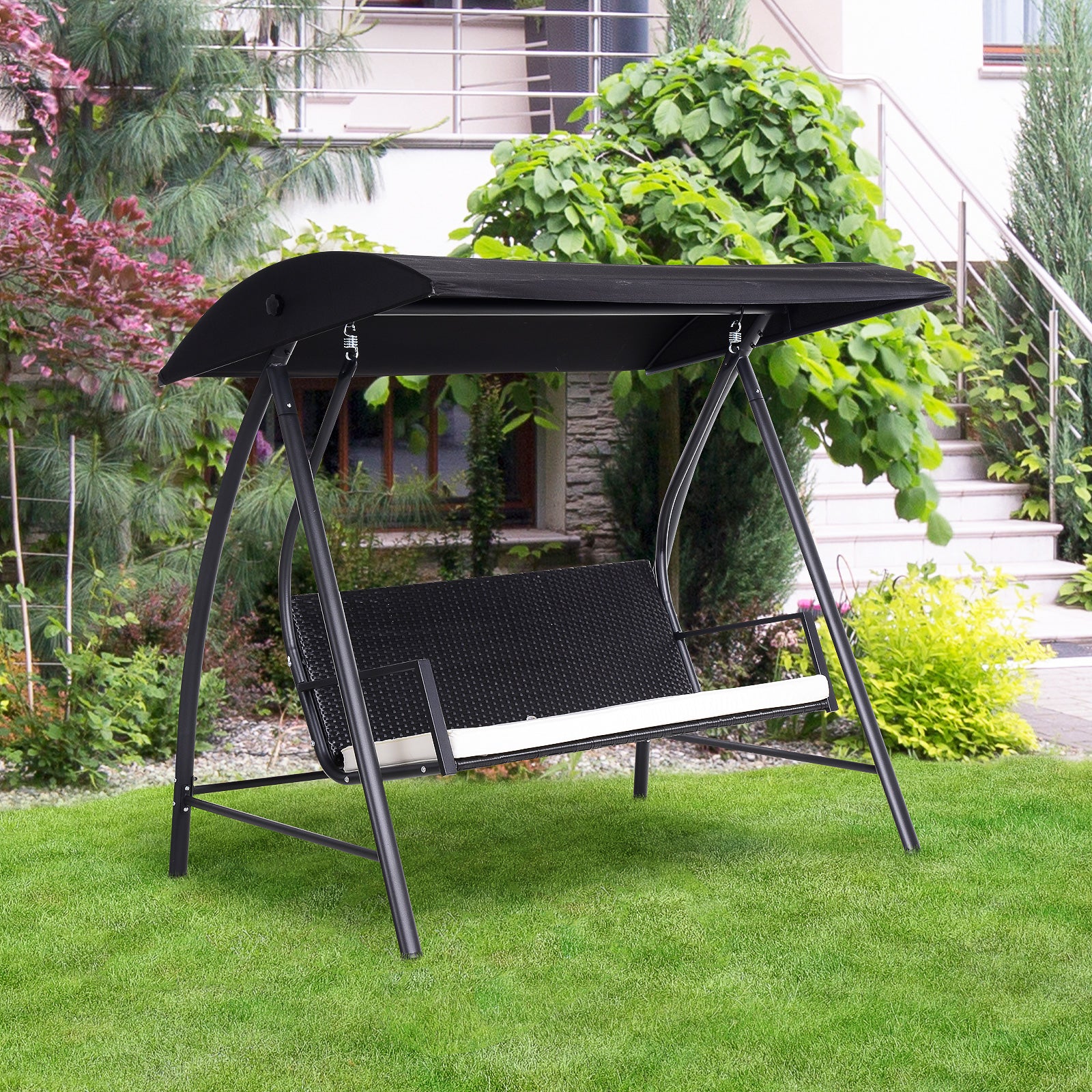 Outsunny Rattan Garden Swing Chair 3-Seater Black