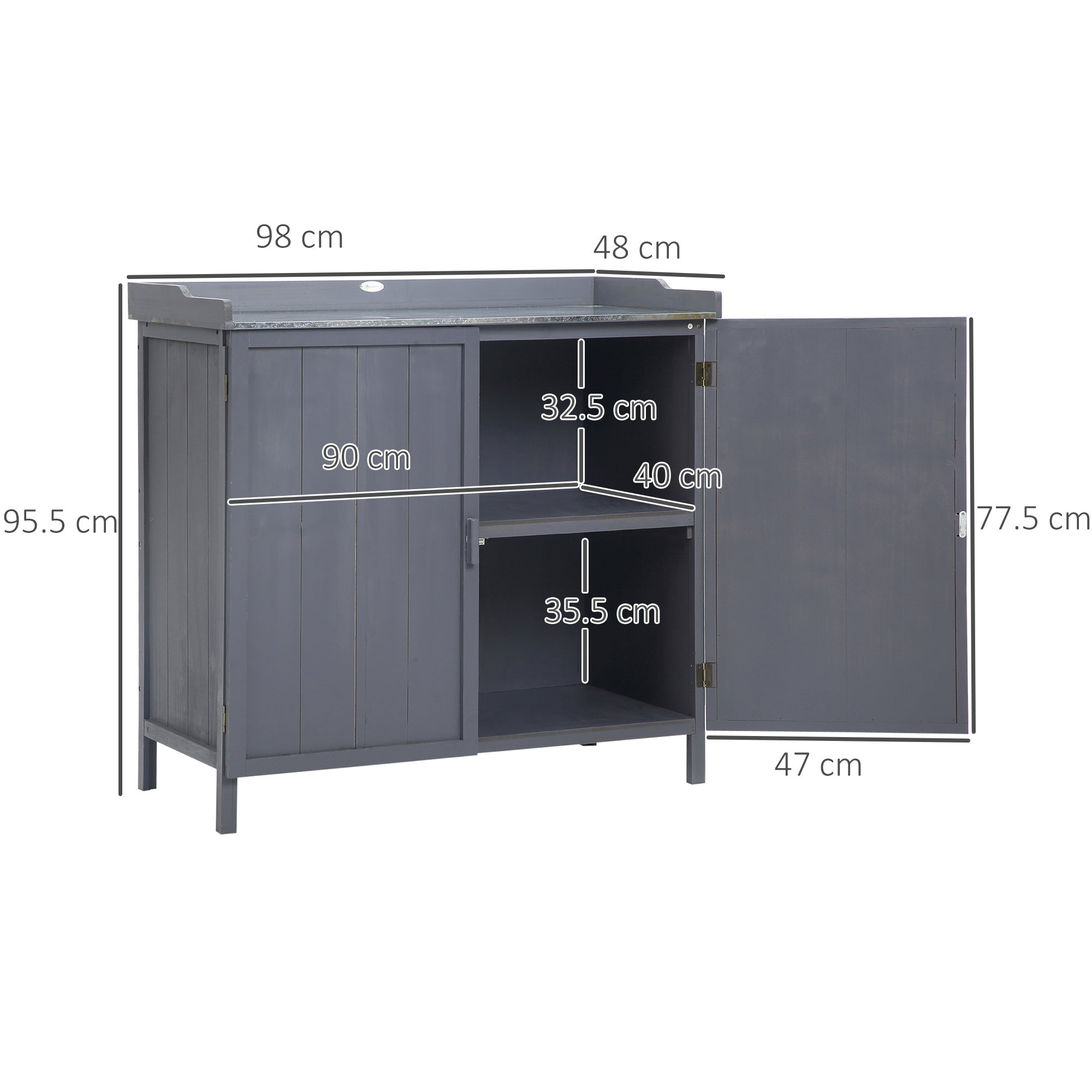 Outsunny Garden Storage Cabinet, Outdoor Tool Shed, Potting Bench Table with Galvanized Top and Two Shelves for Yard Tools or Pool Accessories, Grey - North Peak Garden Furniture