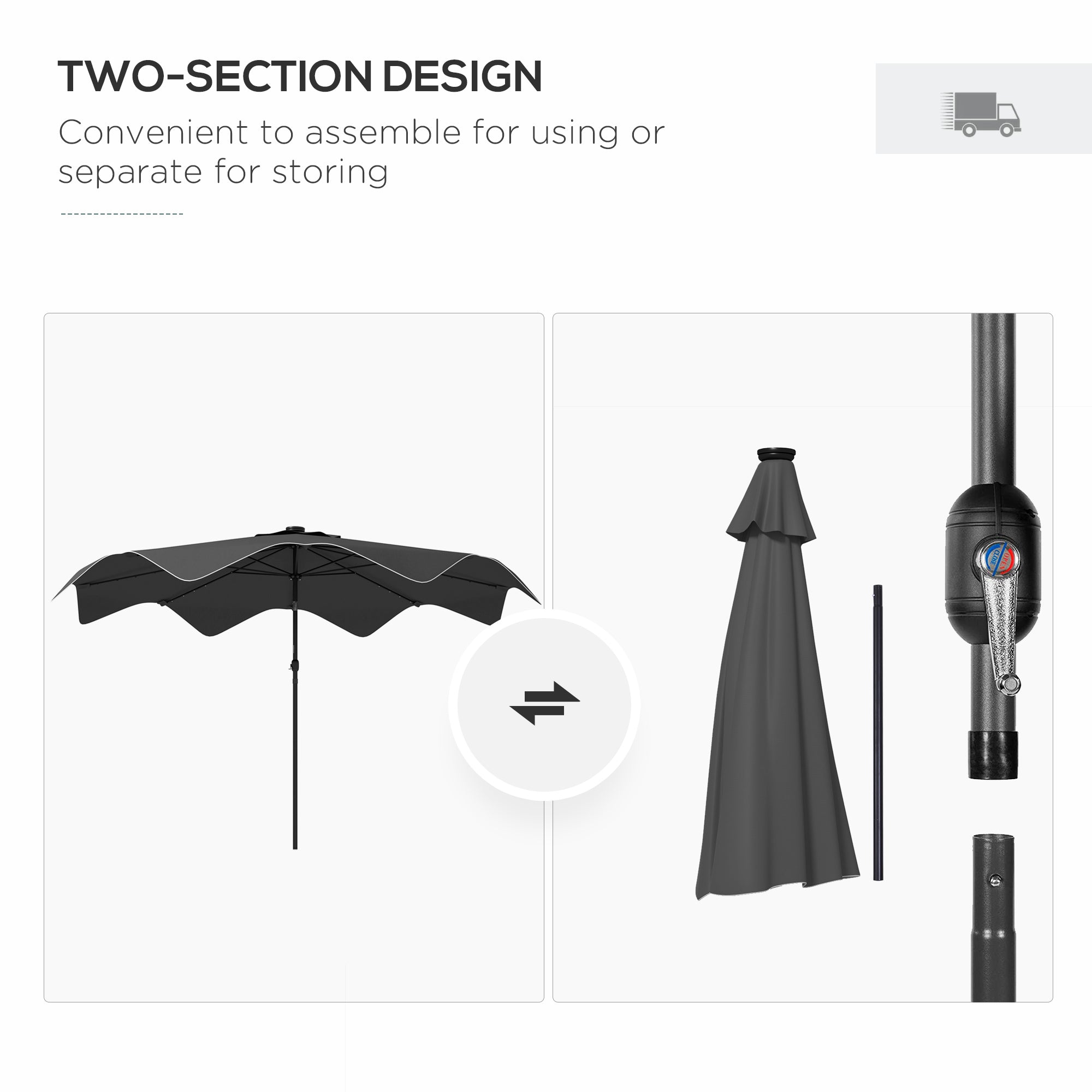 Outsunny Solar Patio Umbrella with LED and Tilt, Outdoor Market Table Umbrella Parasol with Crank, 3 x 3 (m), Dark Grey - North Peak Garden Furniture