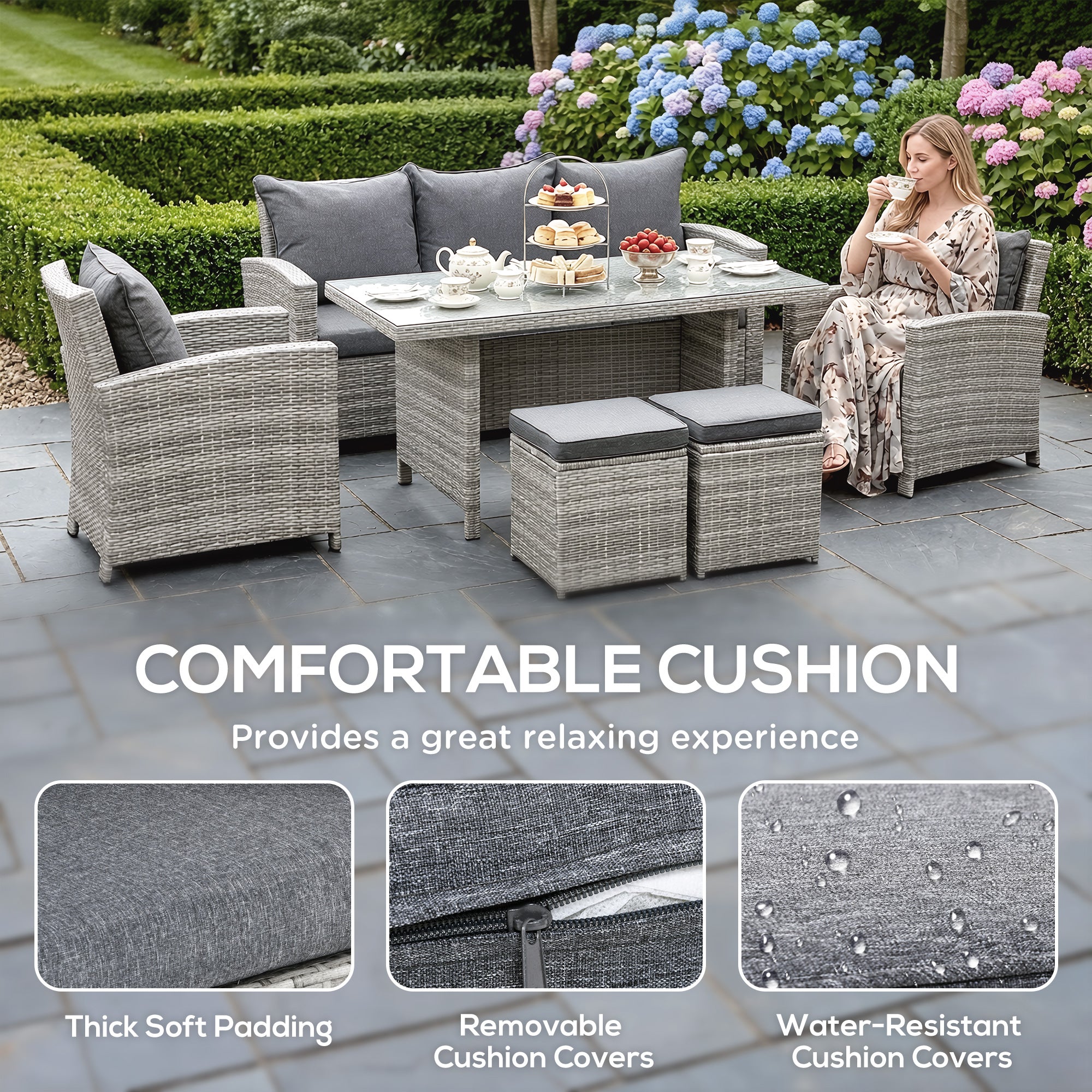 Outsunny 6 Pieces PE Rattan Garden Furniture Set with Three-seat, Armchairs and Footstools, Aluminium Patio Wicker Dining Sets w/ Glass Top Dining Table, Soft Cushion, Light Grey