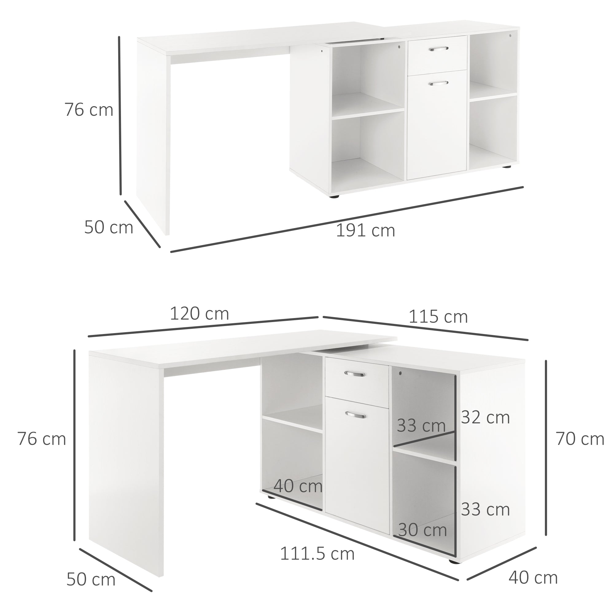 HOMCOM L-Shaped Computer Desk with Storage Compartments, Drawer and Cabinet, Laptop PC Corner Table, Home Office Workstation, 120 x 115 x 76cm, White - North Peak Garden Furniture