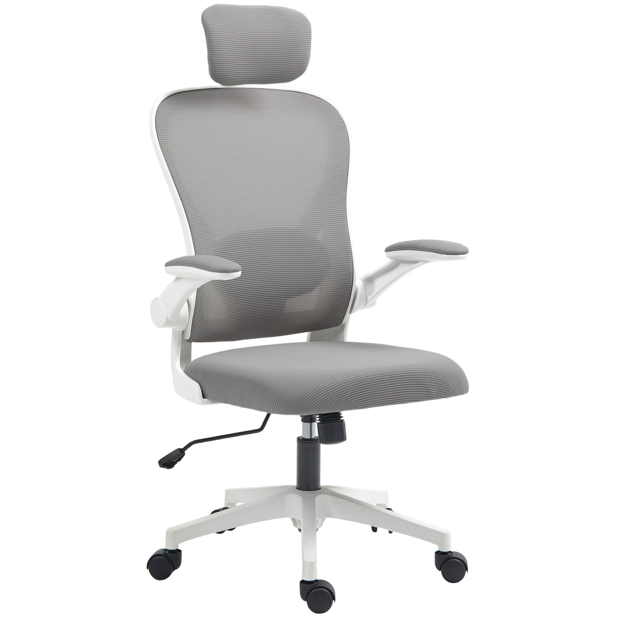 HOMCOM Executive Office Chair, Ergonomic Mesh High Back Desk Chair with Flip-up Armrest, Rotatable Headrest, Adjustable Lumbar Support, Swivel Computer Chair for Home Study, Grey - North Peak Garden Furniture