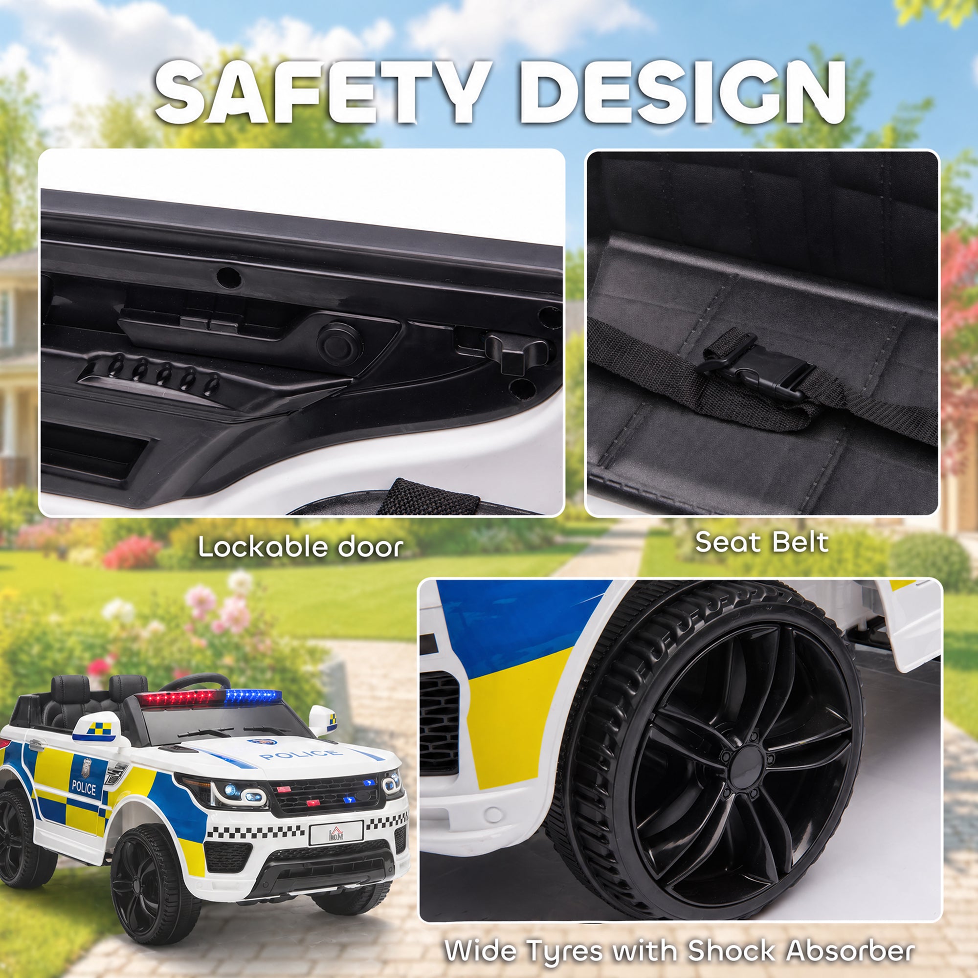 HOMCOM 12V Kids Electric Ride On Police Car 2 Motors with Parental Remote Control Siren Flashing Lights USB Portable for 3-6 Years White