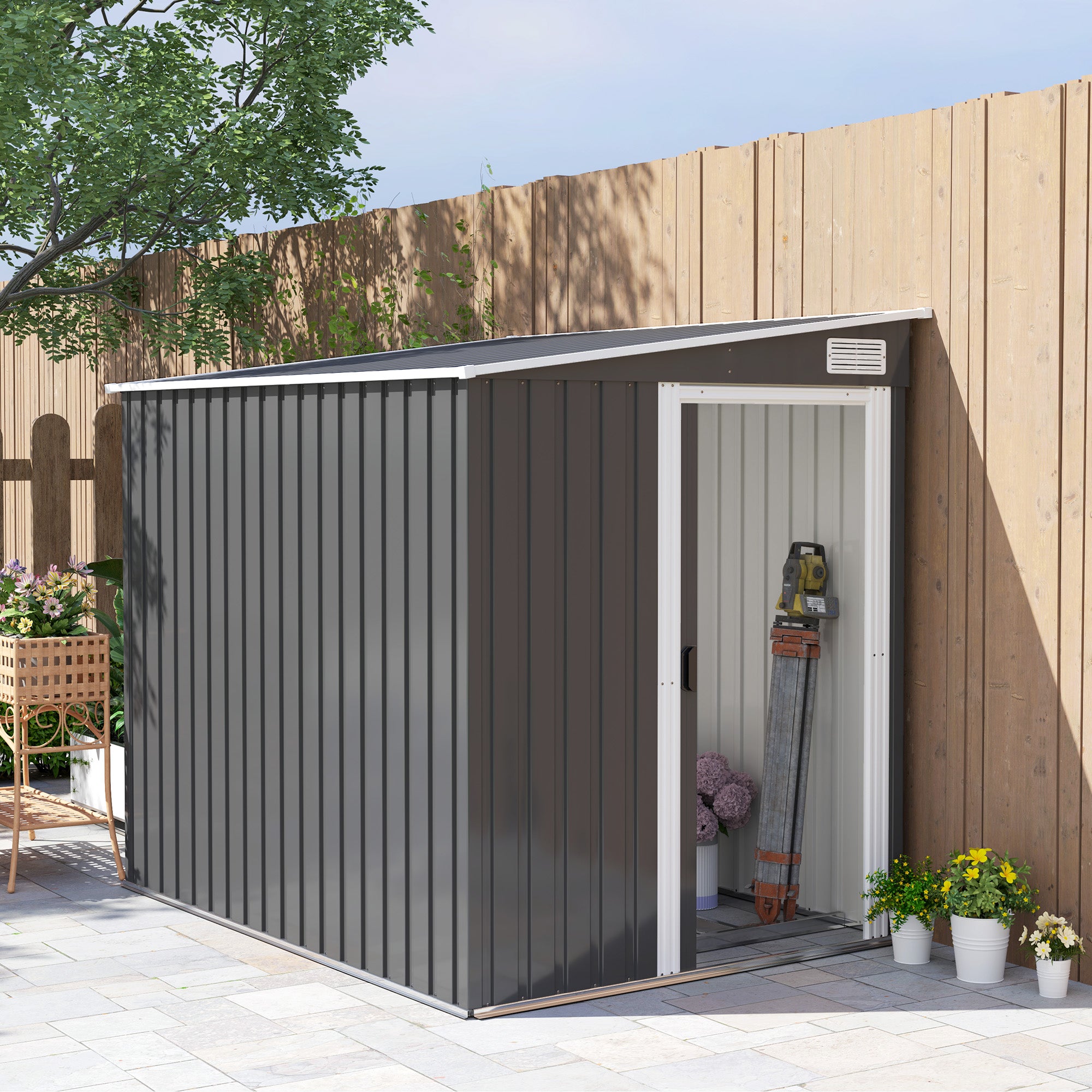 Outsunny 7 x 5ft Galvanised Metal Shed, with Sliding Door - Dark Grey - North Peak Garden Furniture