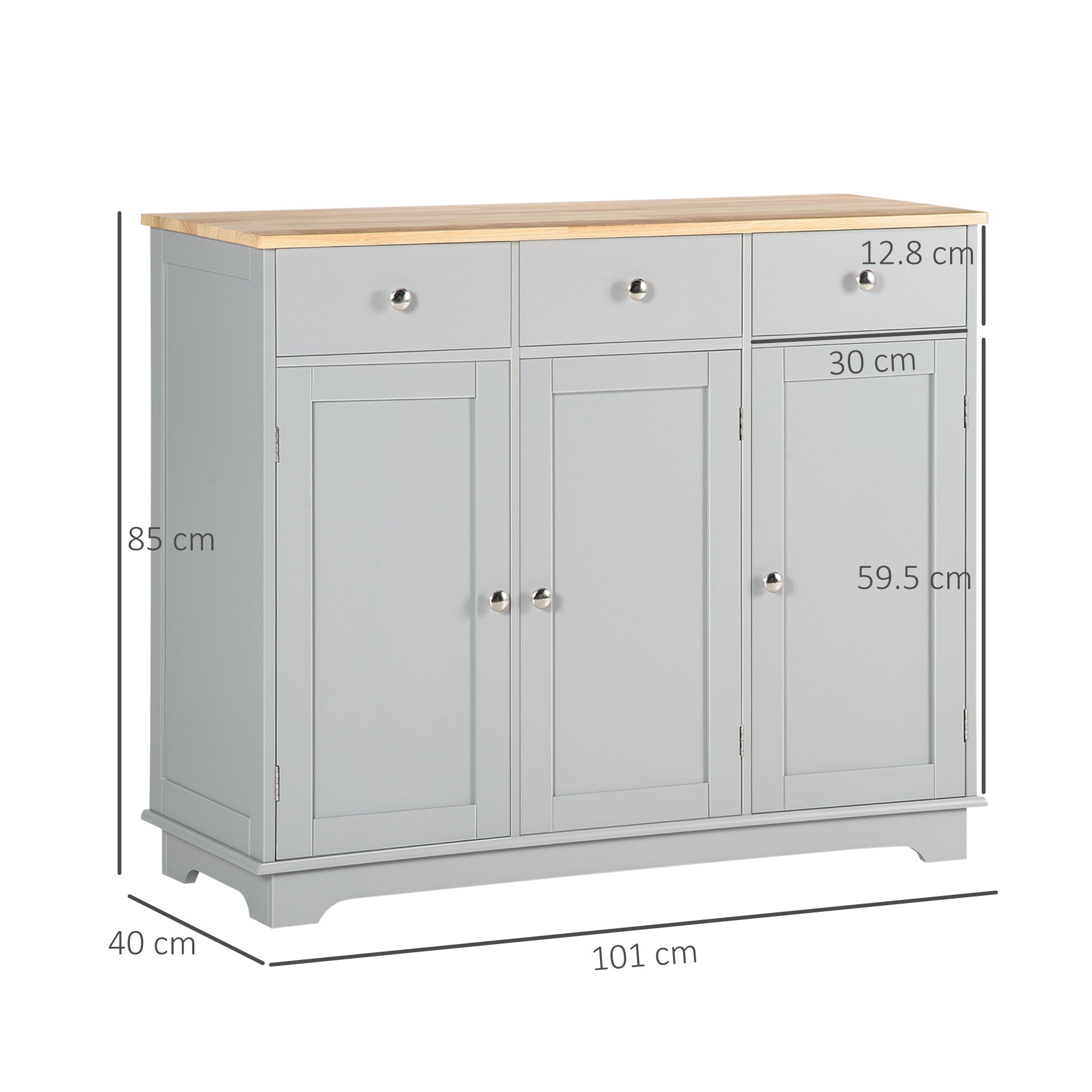 HOMCOM Sideboard with Rubberwood Top and Adjustable Shelves for Dining Room, Kitchen - Grey - North Peak Garden Furniture