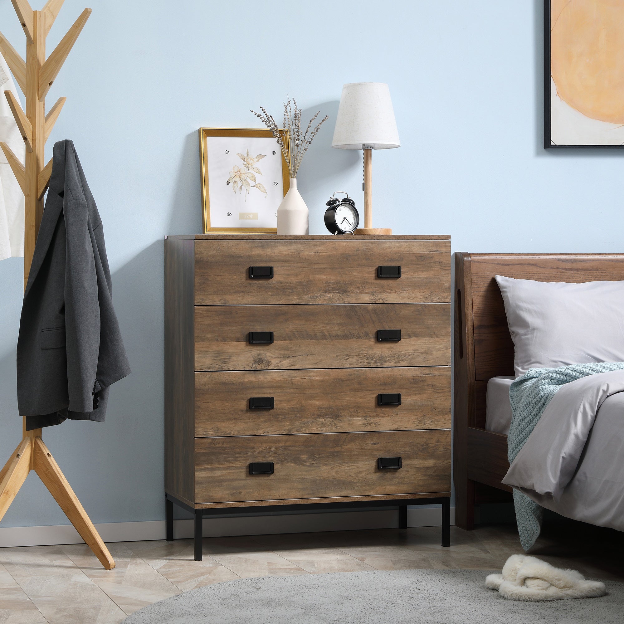 HOMCOM Chest of Drawers, 4-Drawer Storage Organiser Unit with Metal Frame for Bedroom, Living Room, Brown - North Peak Garden Furniture
