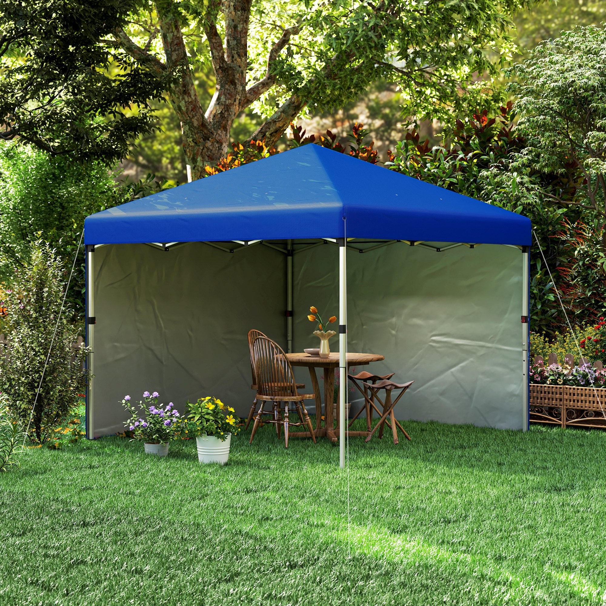 Outsunny 3 x 3 (M) Pop Up Gazebo, UPF 30+ with 2 Sidewalls, Leg Weight Bags and Wheeled Bag, Height Adjustable Party Tent Event Shelter for Garden, Patio, Blue - North Peak Garden Furniture