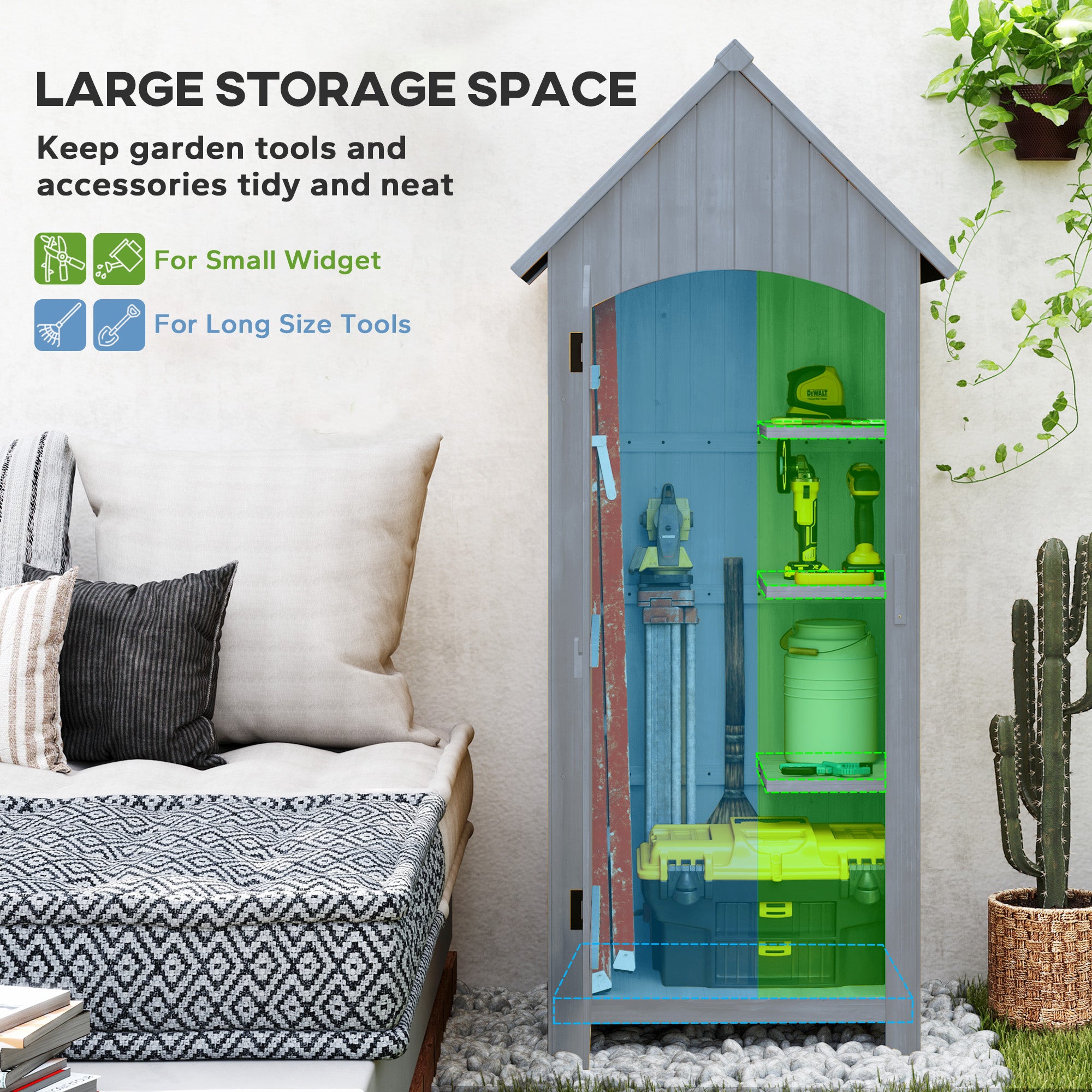 Outsunny Wooden Garden Storage Shed with 3 Shelves, Outdoor Tool Storage Cabinet with Tilt Roof and Lockable Door, 77.5 x 54.2 x 179.5 cm, Grey