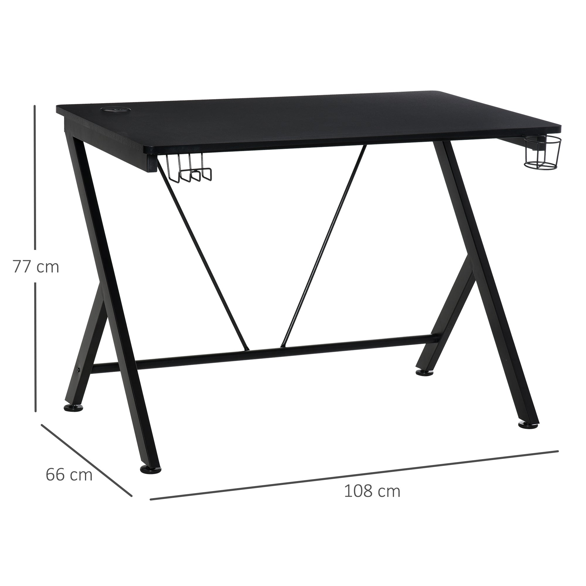 HOMCOM Gaming Desk, 108 x 66cm Computer Table Metal Frame with Cup Holder, Headphone Hook, Cable Hole, for Small Spaces, Black - North Peak Garden Furniture