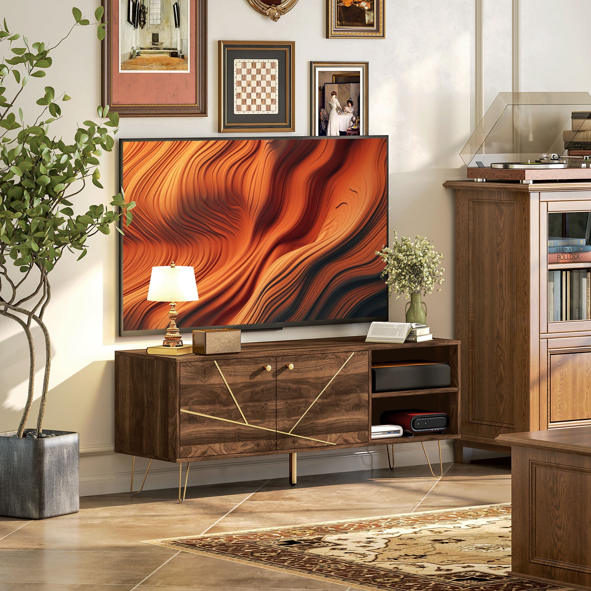 HOMCOM TV Stand Cabinet for up to 60 Inch TV, Modern 130cm TV Unit with Adjustable Shelves and Hairpin Legs, Double Door TV Cabinet for Living Room, Bedroom, Brown - North Peak Garden Furniture