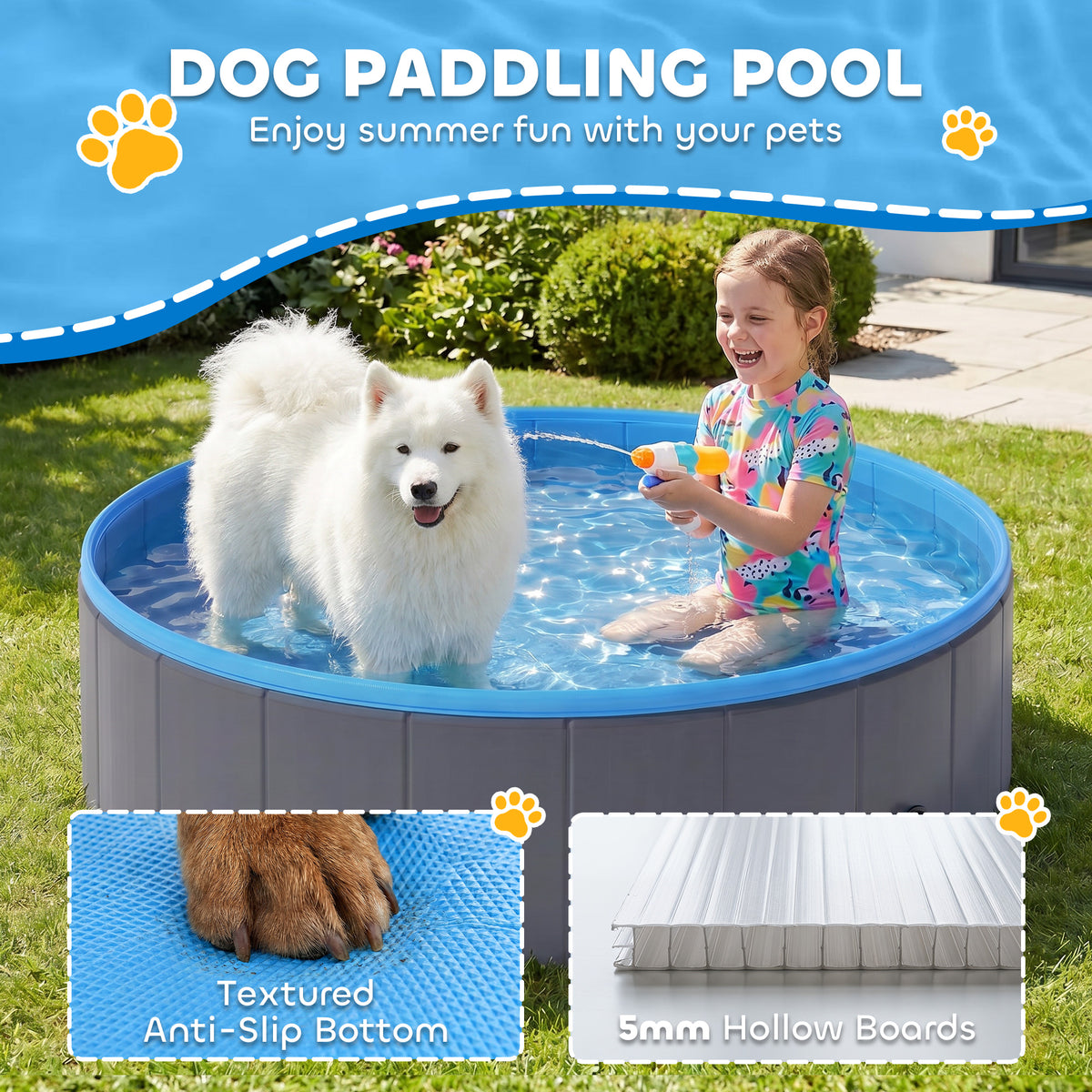 PawHut Foldable Dog Pool for Puppies and Ducks Dog Paddling Pool Bath Tub, Dark Grey, 120 x 30cm