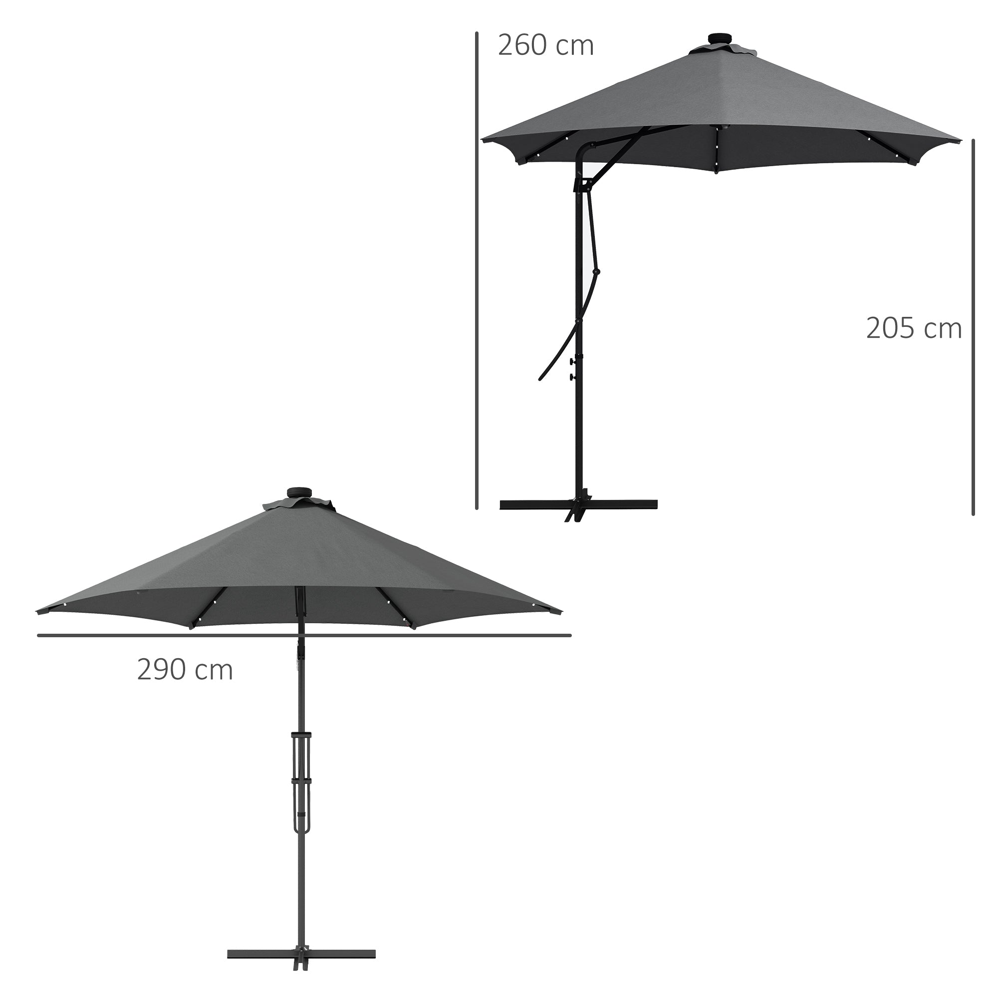 Outsunny 3m LED Parasol Umbrella, with Base and Cover - Grey - North Peak Garden Furniture