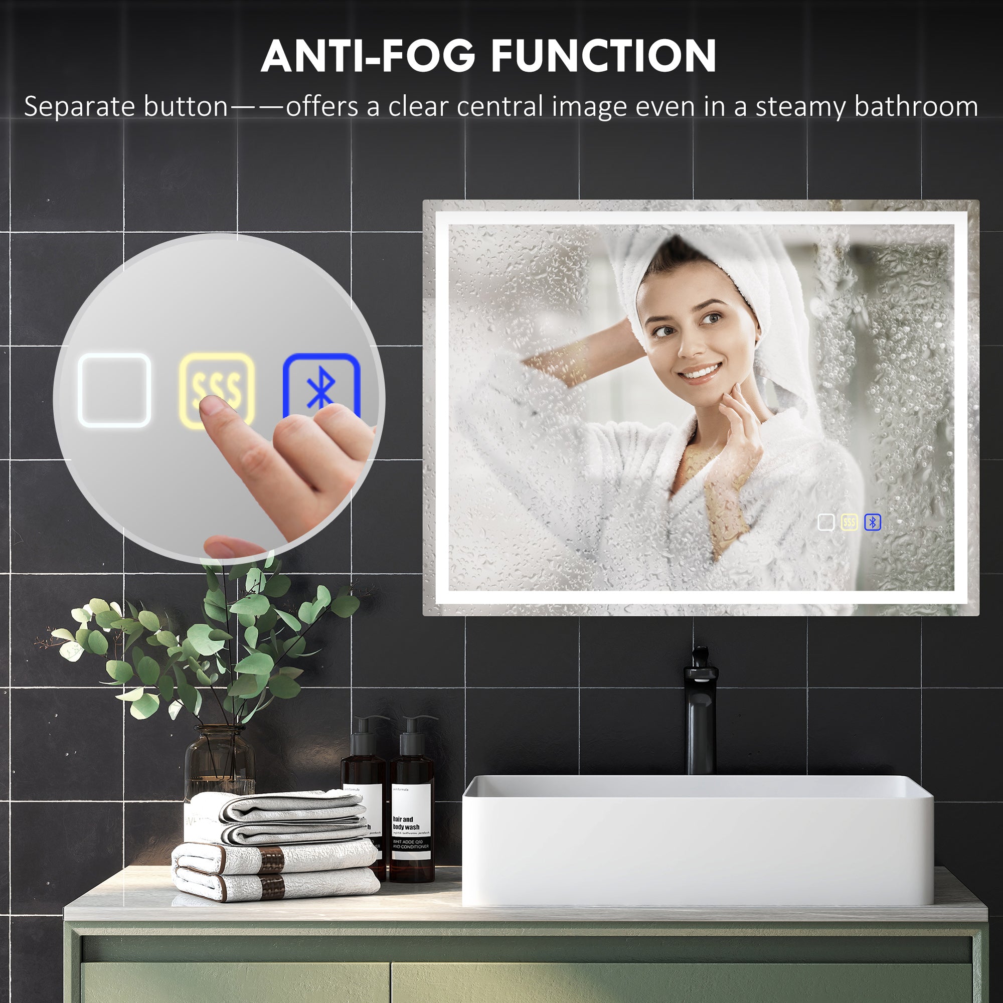 HOMCOM 60 x 80 cm Anti-Fog LED Bathroom Mirror, with Bluetooth - Silver Tone - North Peak Garden Furniture