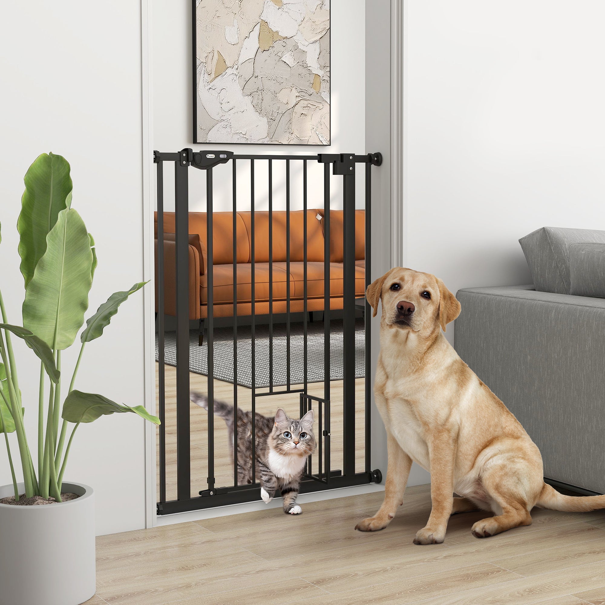 PawHut Extra Tall Pet Gate, Indoor Dog Safety Gate, with Cat Flap, Auto Close, 74-80cm Wide - Black - North Peak Garden Furniture