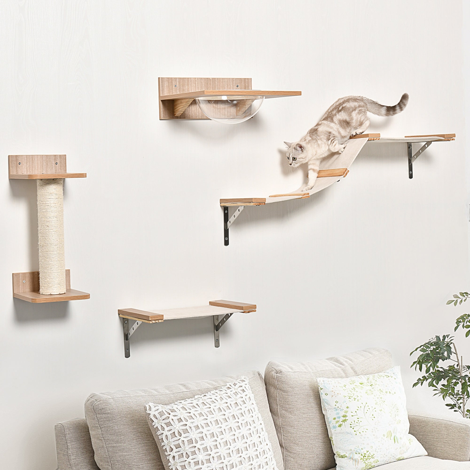 PawHut 4PCs Wall-mounted Cats Climbing Shelf Set Cat Tree Kitten Perch Activity Center with Hammock Scratching Post Jumping Platform Brown - North Peak Garden Furniture