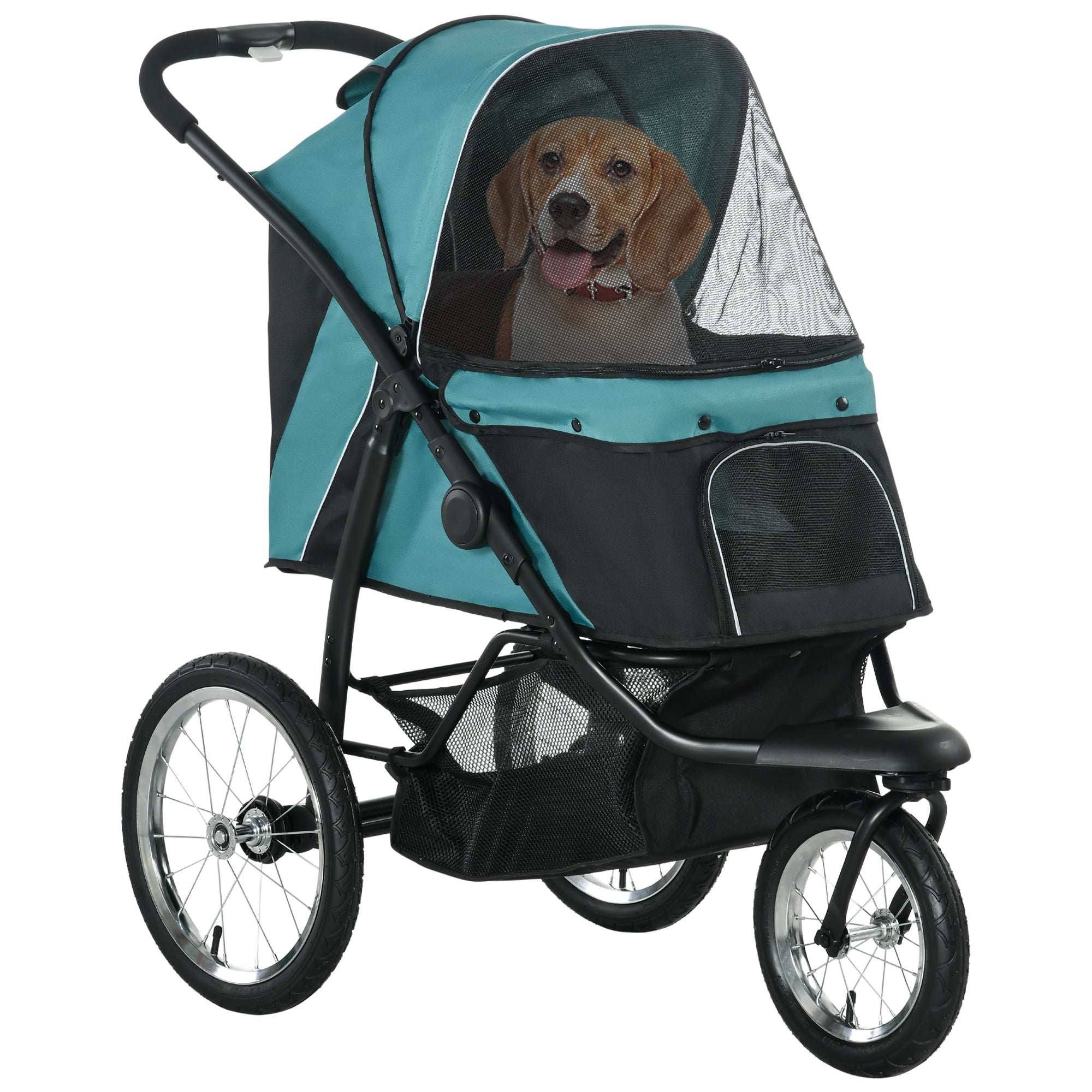 PawHut Foldable Pet Stroller Jogger, with Three Wheels, Canopy, for Medium and Small Dogs, Green - North Peak Garden Furniture