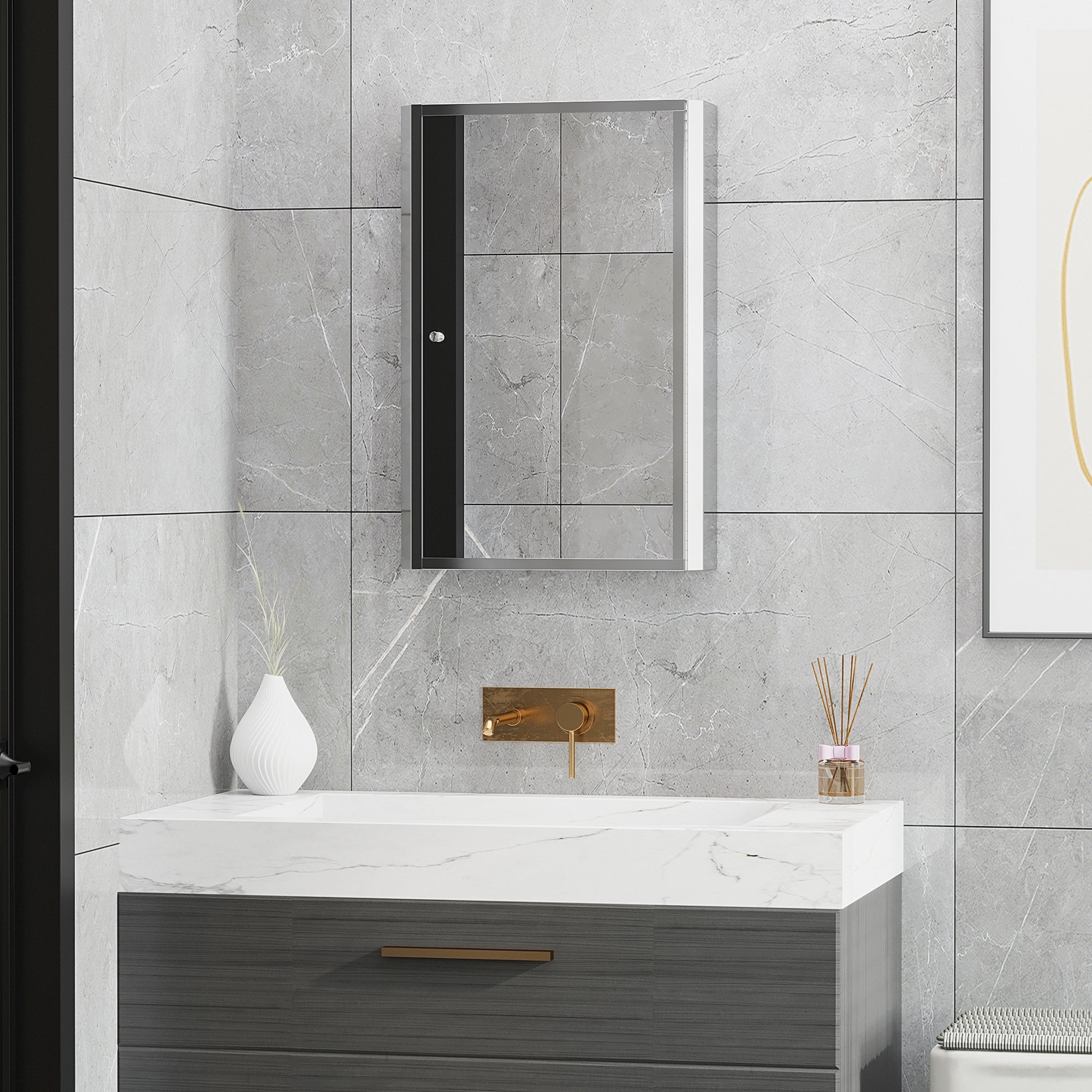 HOMCOM Stainless Steel Wall mounted Bathroom Mirror Cabinet 2 Shelves Storage Unit Furniture w/Single Door (60H x 40L x 13D (cm)) - North Peak Garden Furniture
