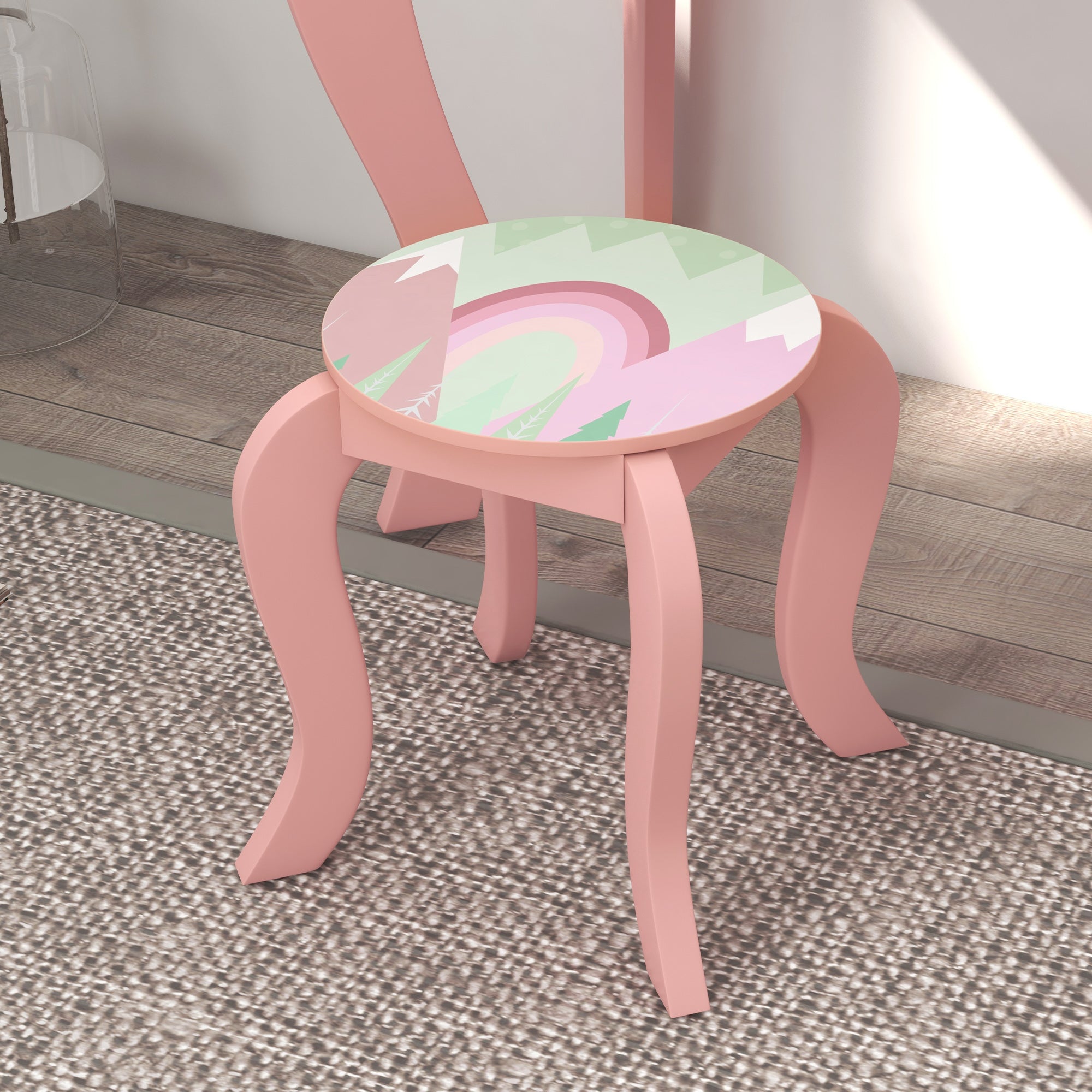 ZONEKIZ Toddler Bed Frame, Kids Dressing Table with Mirror and Stool, Cute Animal Design Kids Bedroom Furniture Set for Ages 3-6 Years, Pink - North Peak Garden Furniture