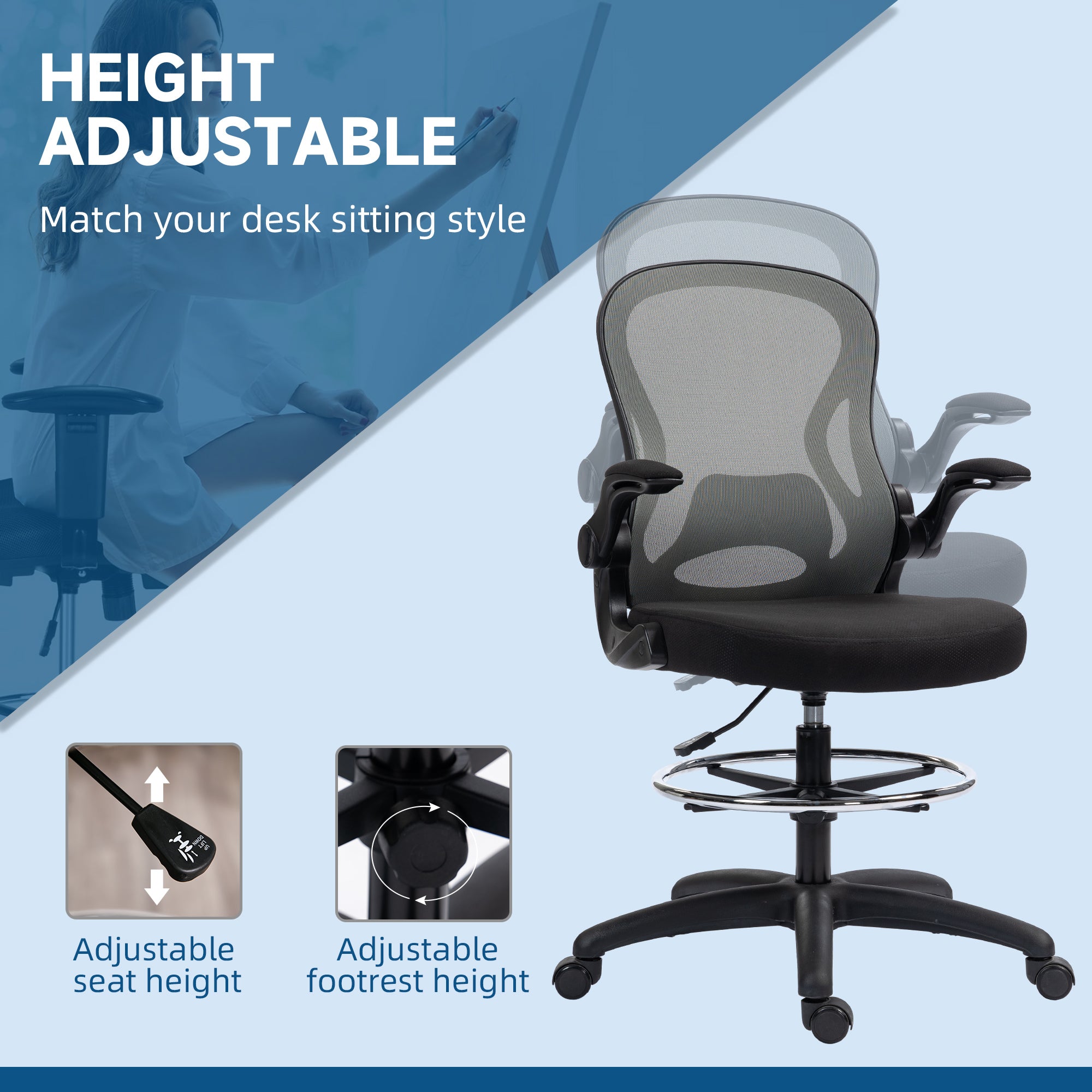 Vinsetto Adjustable Mesh Standing Desk Chair with Flip-up Armrests Lumbar Support Armrests Adjustable Footrest Ring, Dark Grey - North Peak Garden Furniture