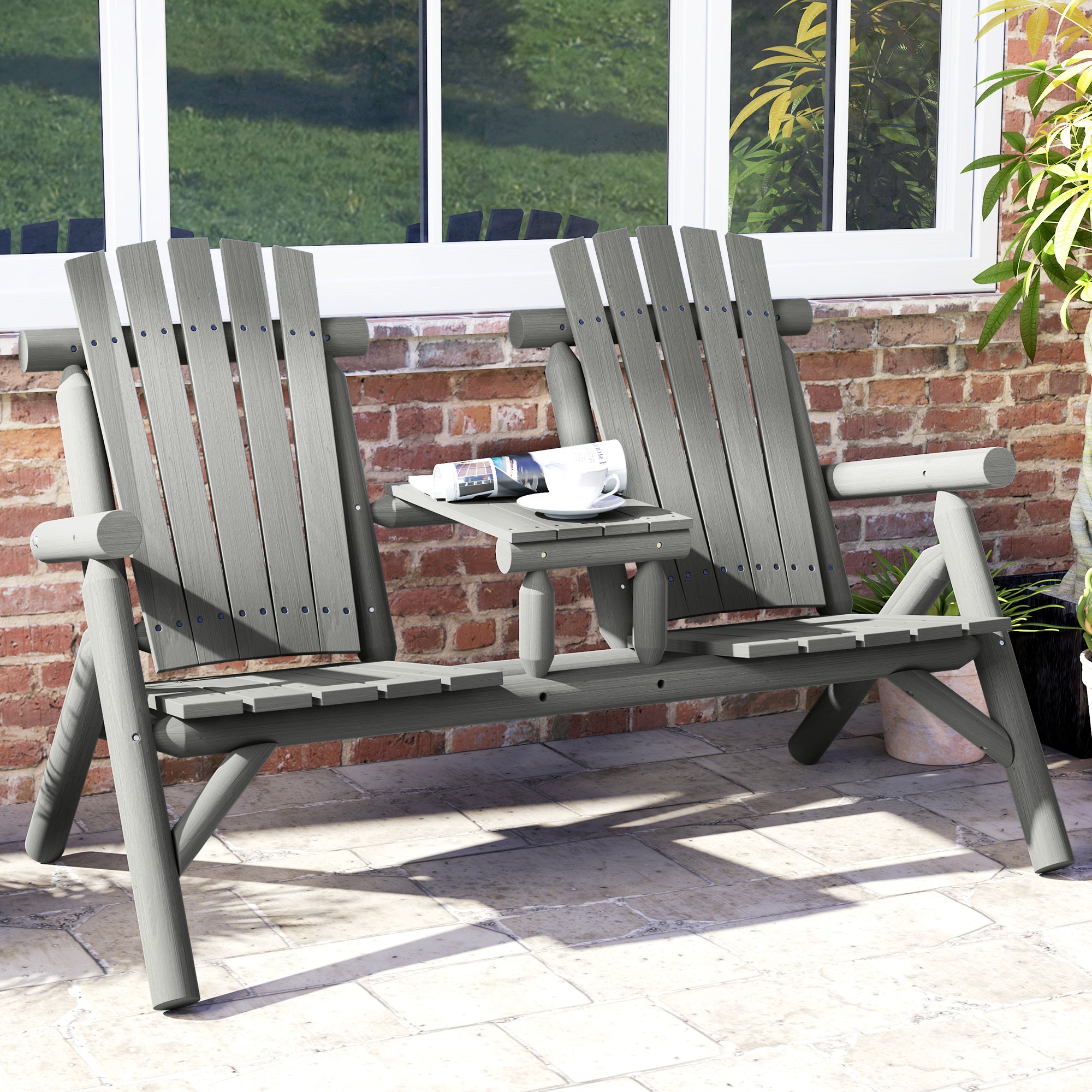 Outsunny Wood Patio Chair Bench 2 Seats w/ Centre Coffee Table, Garden Bench, Grey - North Peak Garden Furniture