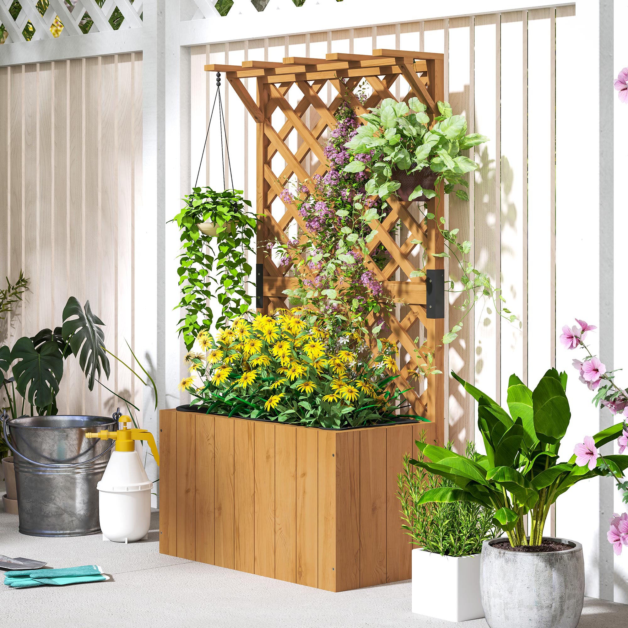 Outsunny Wooden Planter with Trellis, Freestanding Raised Garden Bed with Drainage Holes, Outdoor Planter Box with Liner for Vegetables, Herbs and Flowers, Natural - North Peak Garden Furniture