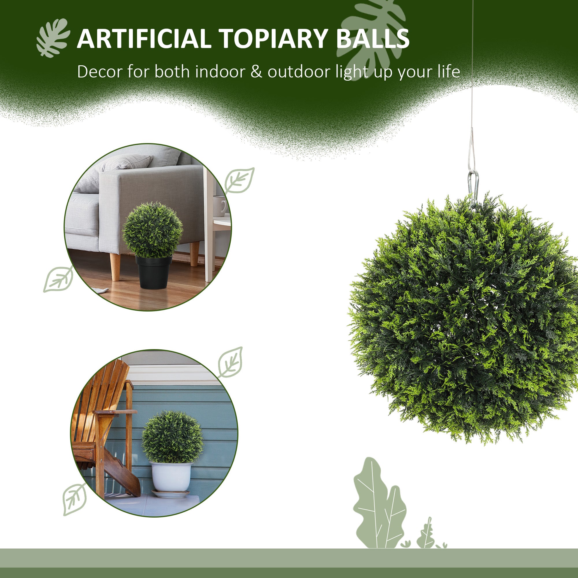 HOMCOM Set of 2 Artificial Plant Topiary Balls, UV-protected Fake Decorative Plants, Faux Plants for Home Indoor Outdoor Decor, 45cm, Green