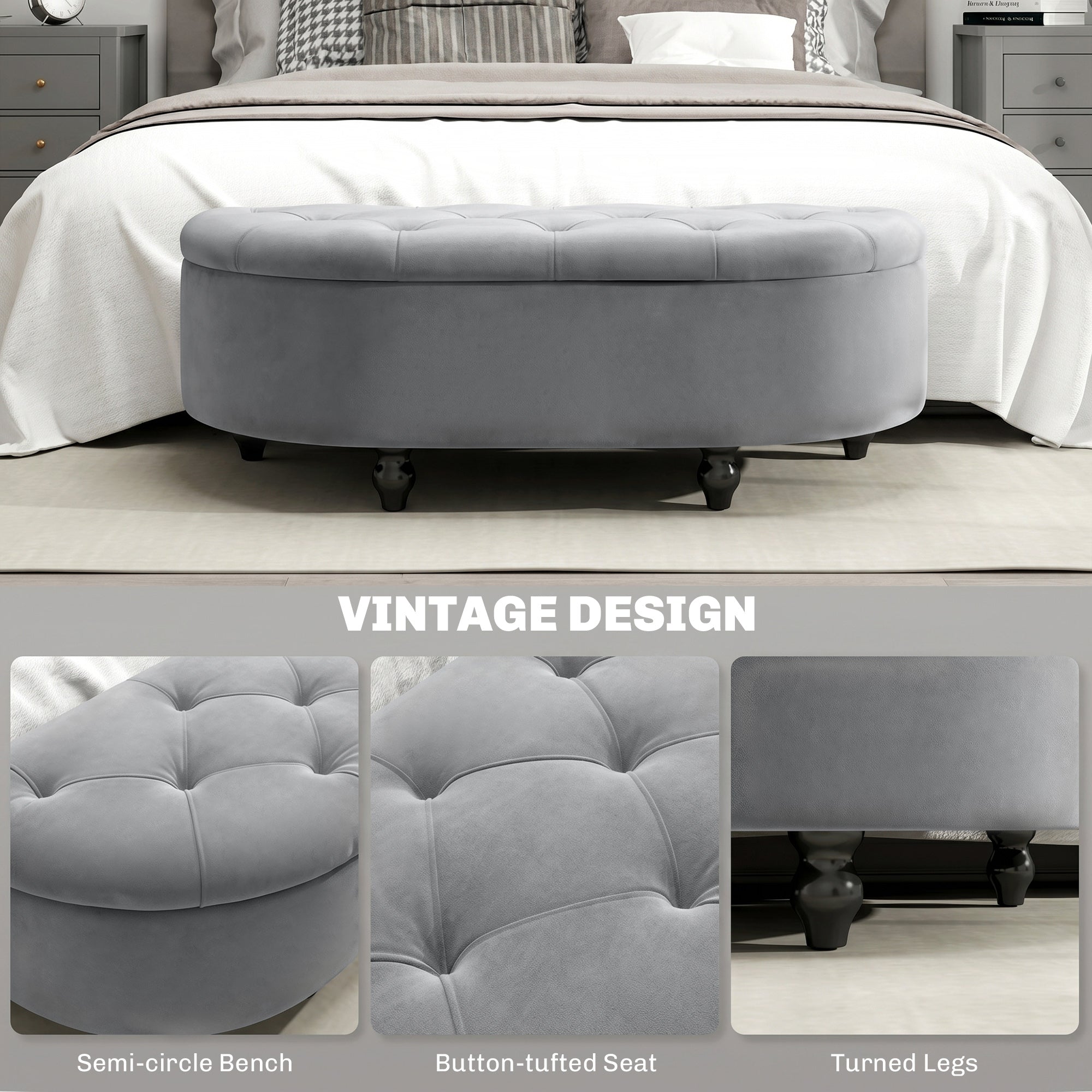 HOMCOM Velvet-Feel Half Circle Storage Ottoman - Dark Grey