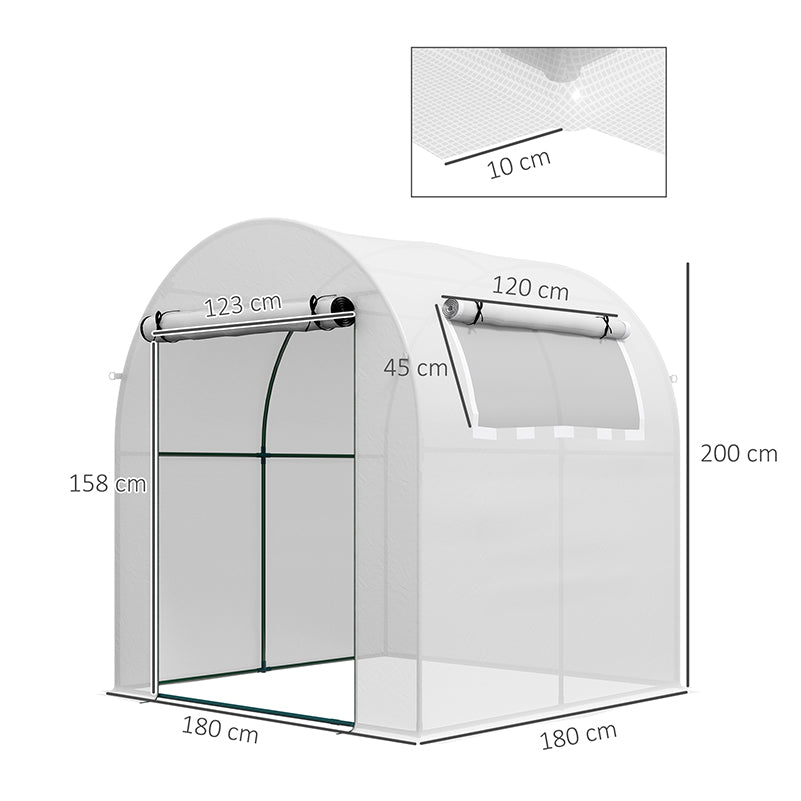 Outsunny Walk in Polytunnel Greenhouse, Green House for Garden with Roll-up Window and Door, 1.8 x 1.8 x 2 m, White - North Peak Garden Furniture