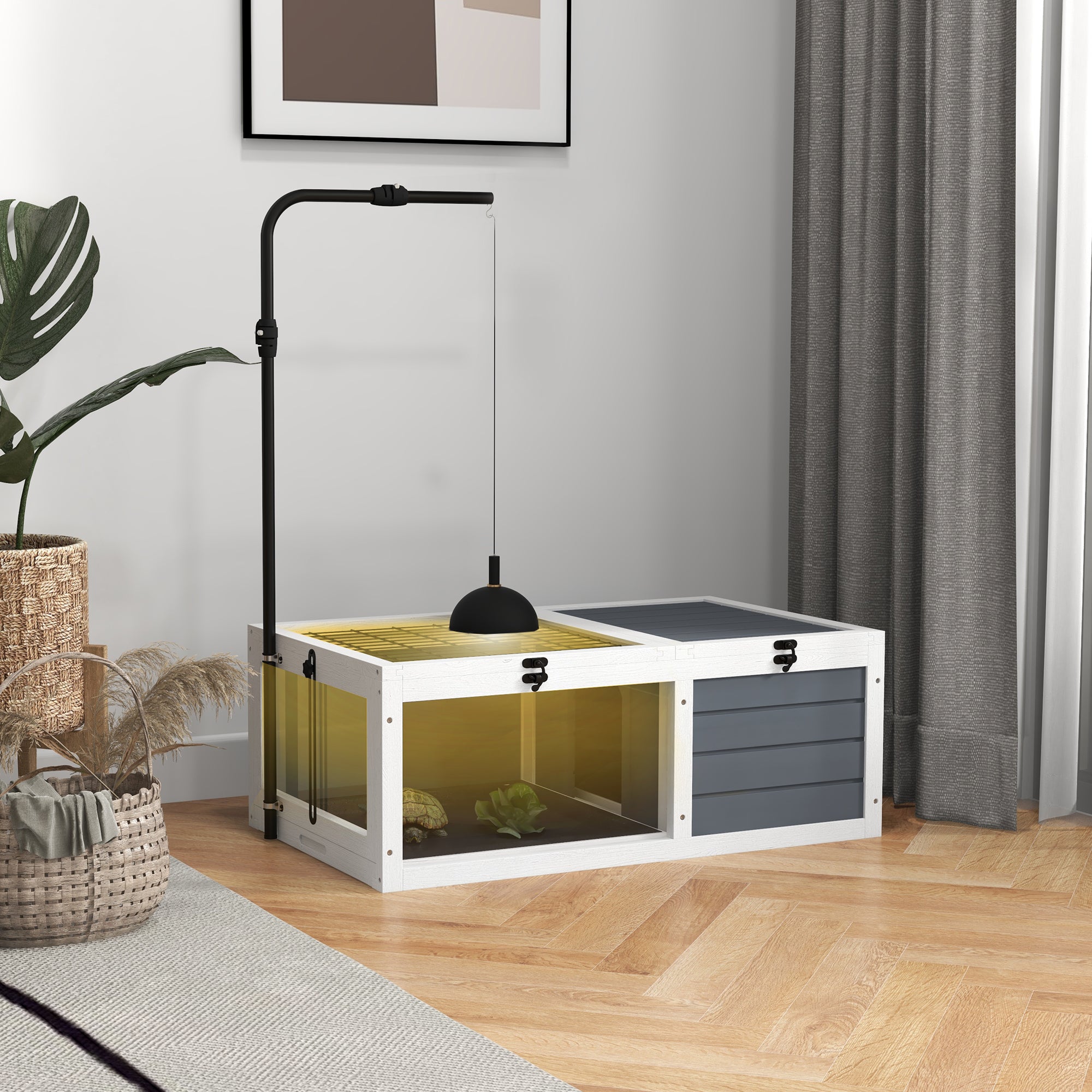 PawHut Tortoise Table with Adjustable Lamp Holder, Wooden Tortoise House w/ Openable Lids, Pull-Out Trays - Grey - North Peak Garden Furniture