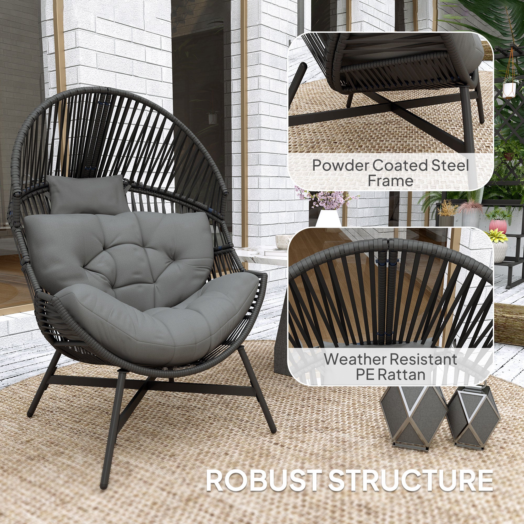 Outsunny Standing Rattan Egg Chair Outdoor, Oversized Wicker Garden Egg Chair with Thick Tufted Cushion, Headrest, Steel Frame, Charcoal Grey - North Peak Garden Furniture