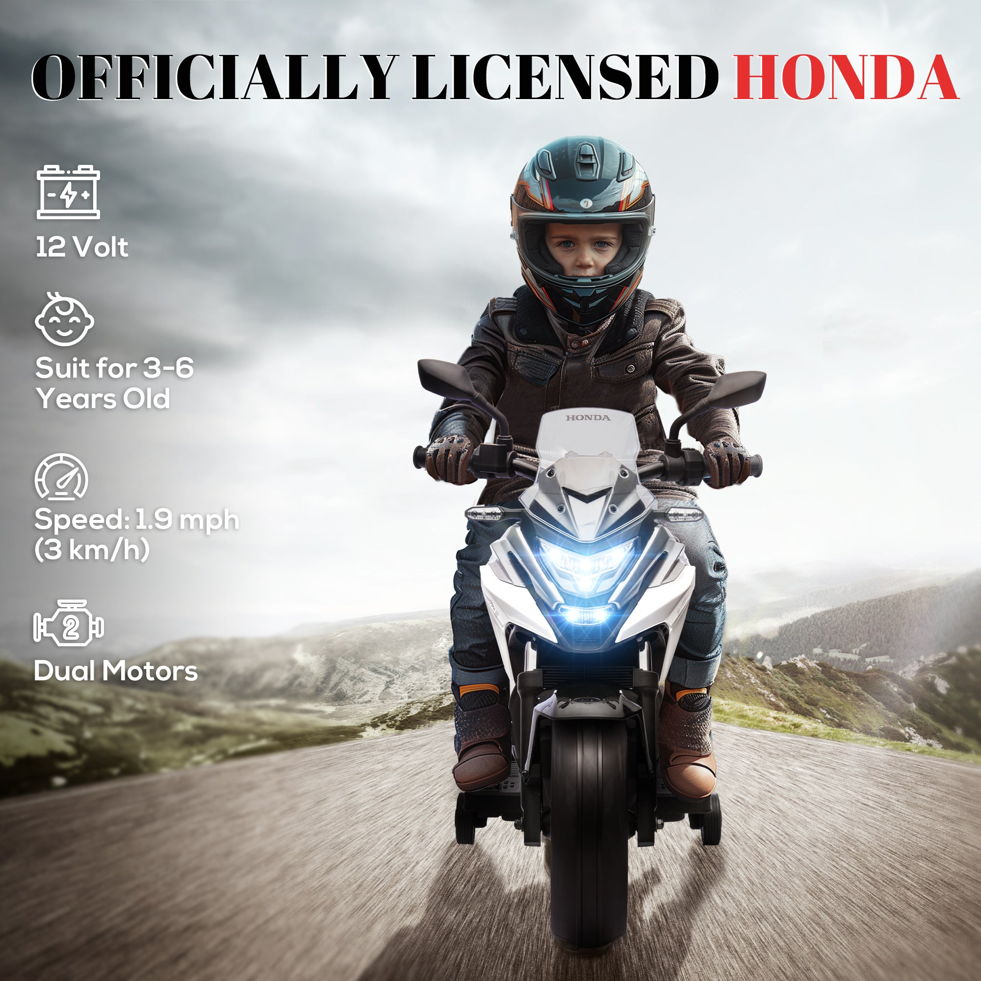 AIYAPLAY 12V Honda Licensed Kids Electric Motorbike w/ Music, Headlights, Early Education Function, for Ages 3-6 Years, White - North Peak Garden Furniture