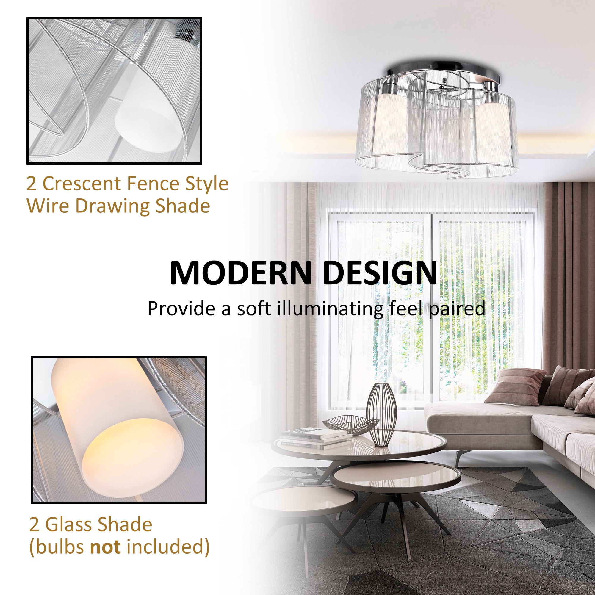 HOMCOM Modern Chandelier, Semi-Flush Mount Ceiling Light with 2 Light, E27 Bulb Base for Hallway, Dining Room, Living Room, White and Silver - North Peak Garden Furniture