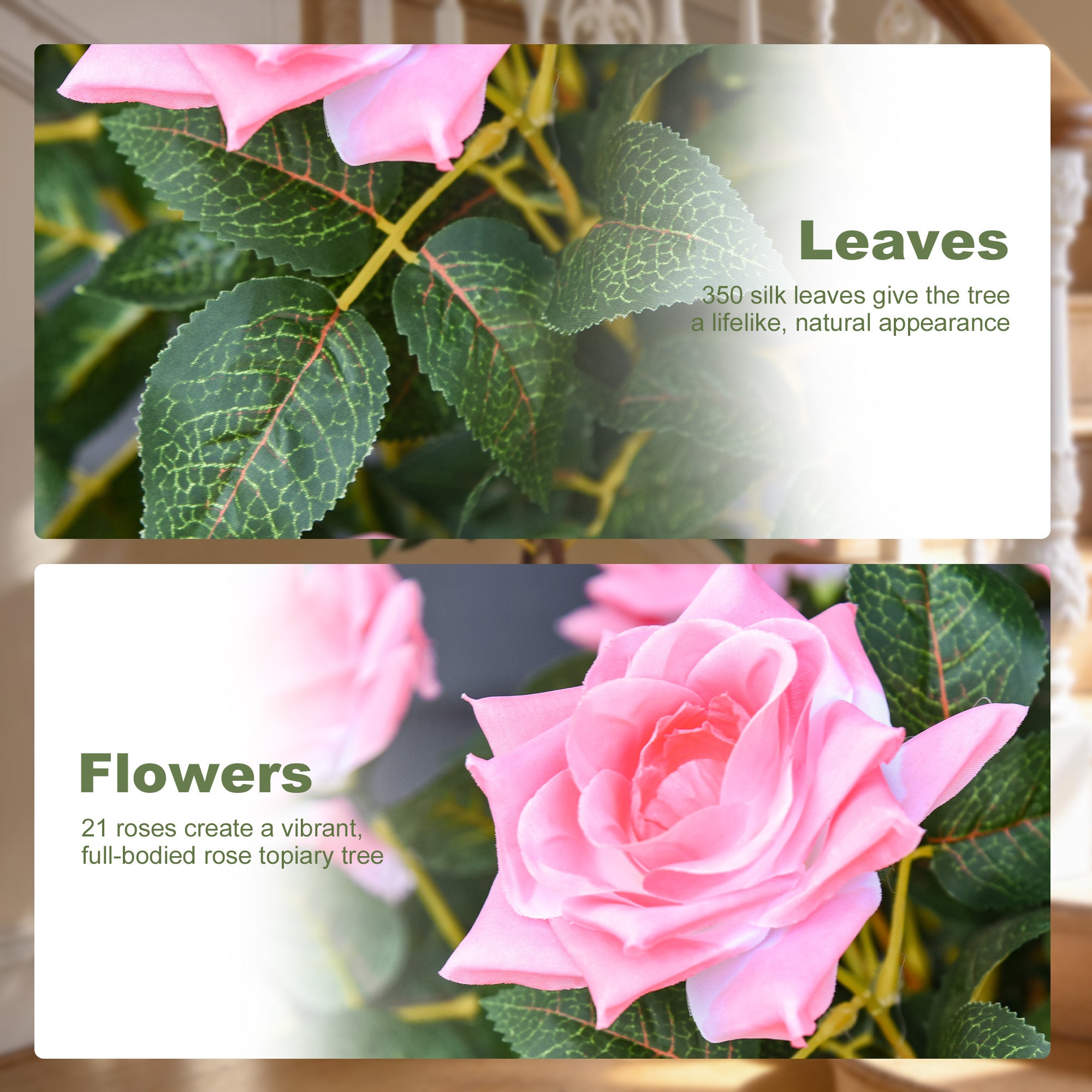 Outsunny Artificial Plants Pink Rose Floral in Pot, Fake Plants for Home Indoor Outdoor Decor, 90cm