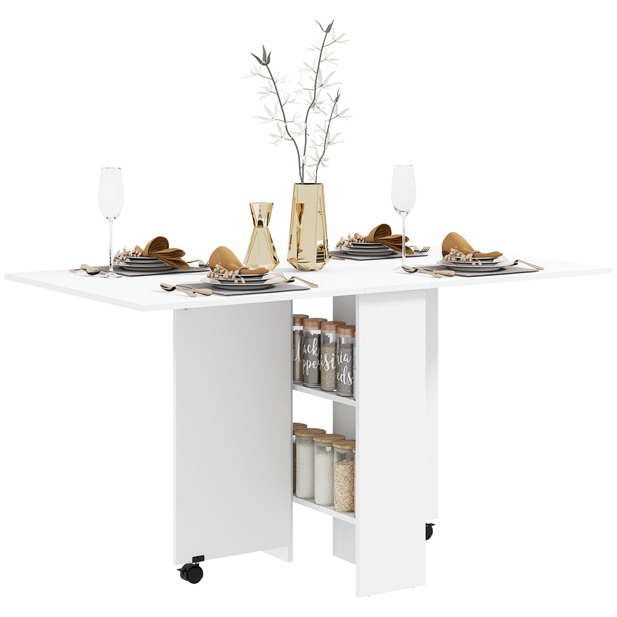 HOMCOM Folding Dining Table, Drop Leaf Table for Small Spaces with 2-tier Shelves, Small Kitchen Table with Rolling Casters, White - North Peak Garden Furniture