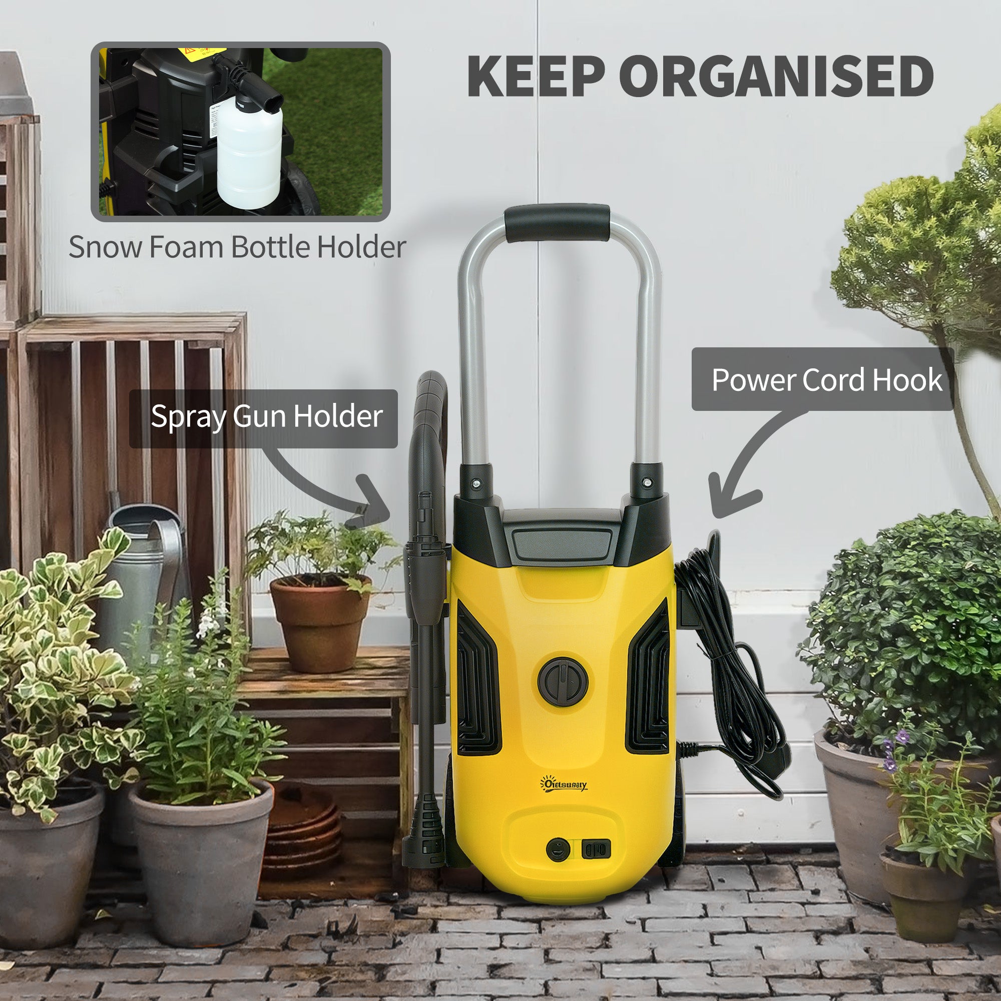 Outsunny 1800W High Pressure Washer, 150 Bar Pressure, 420 L/h Flow, Portable Power Washer Jet Wash Cleaner with Adjustable Nozzle, 6M Hose, Steel Handle for Home Patio Car Driveway, Yellow - North Peak Garden Furniture