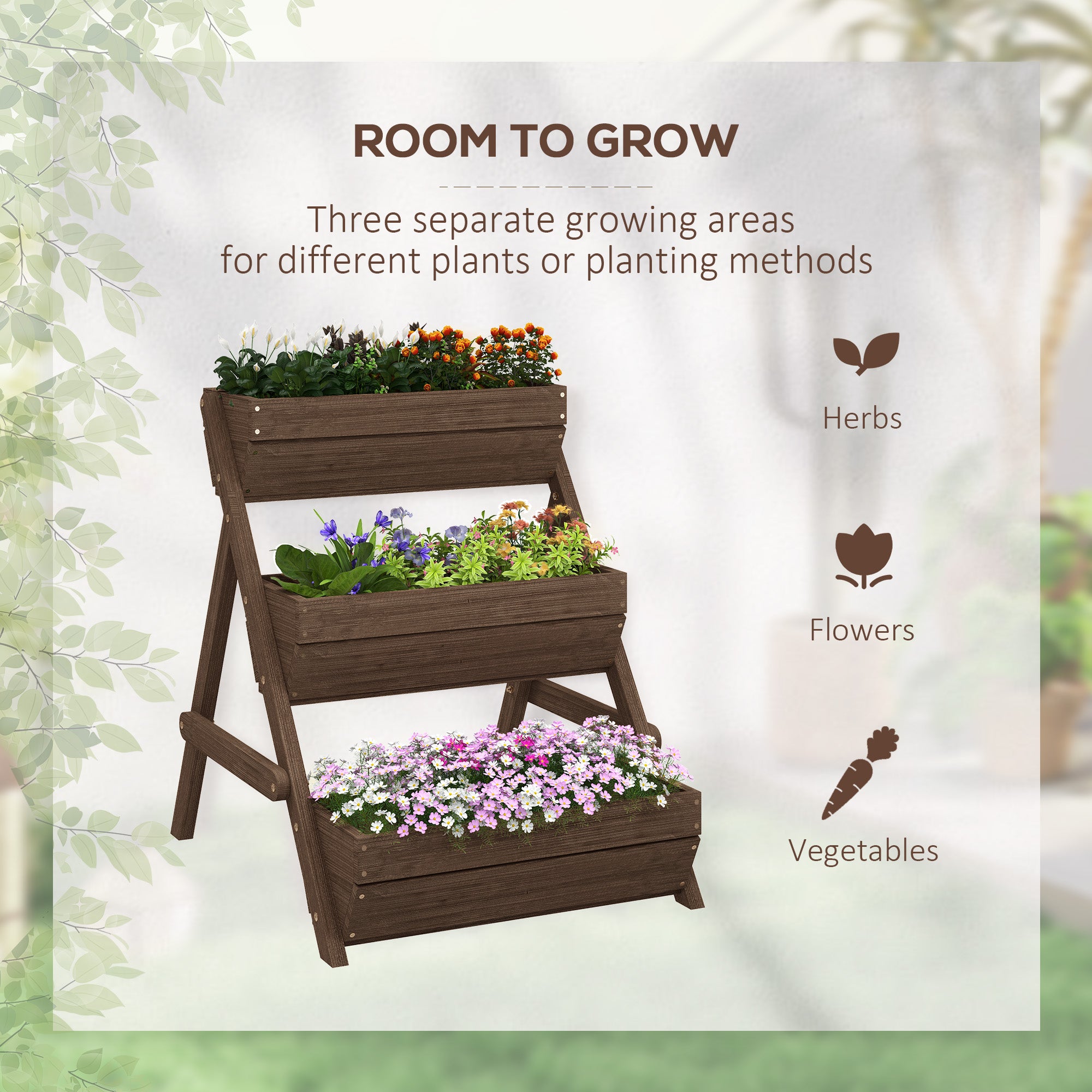 Outsunny 3 Tier Raised Garden Bed Wooden Elevated Planter Box Kit, 66L for Flower, Vegetable, Herb, 65x75x78cm, Tan - North Peak Garden Furniture