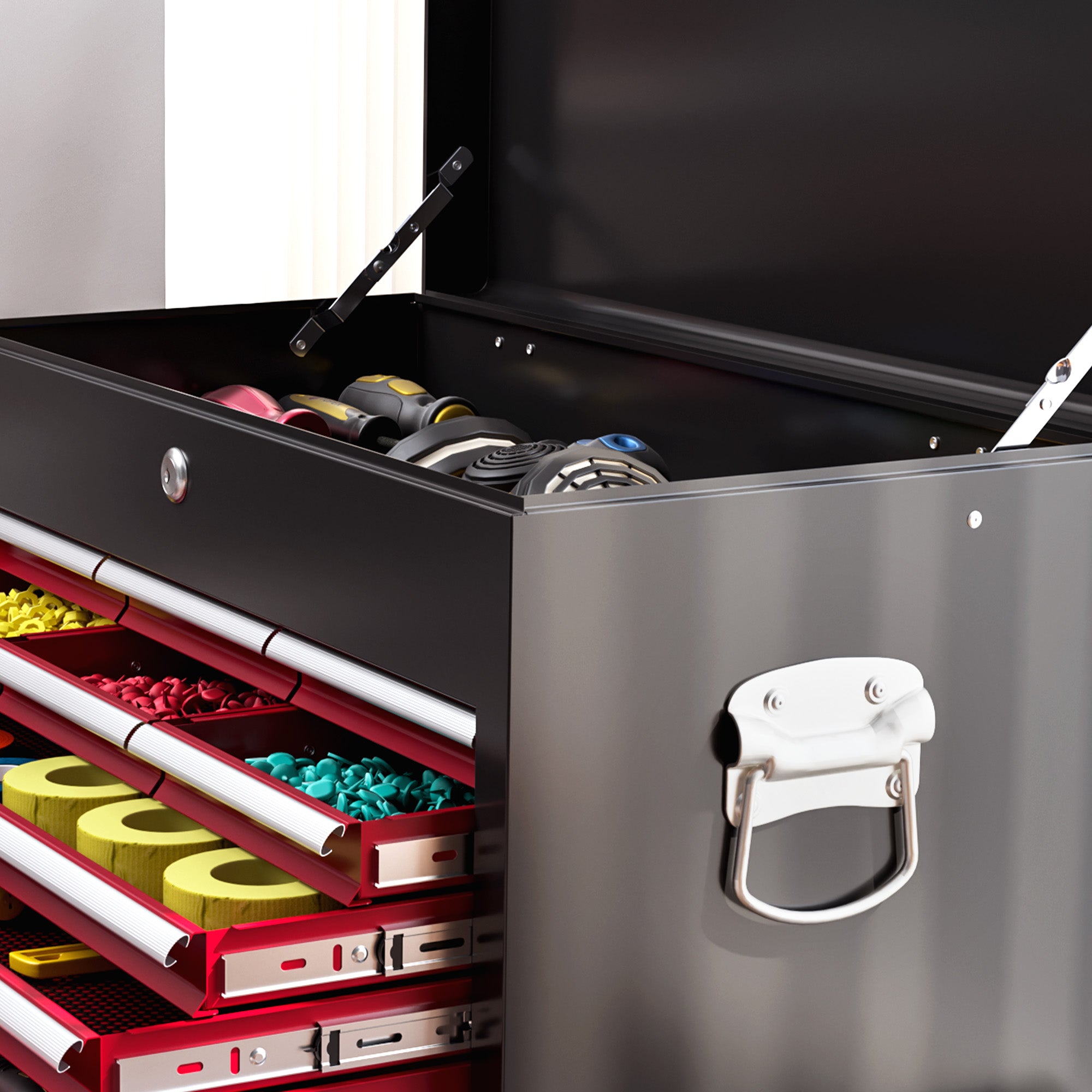 HOMCOM 19 Drawer, Two-Part Tool Storage Chest on Wheels - Red - North Peak Garden Furniture
