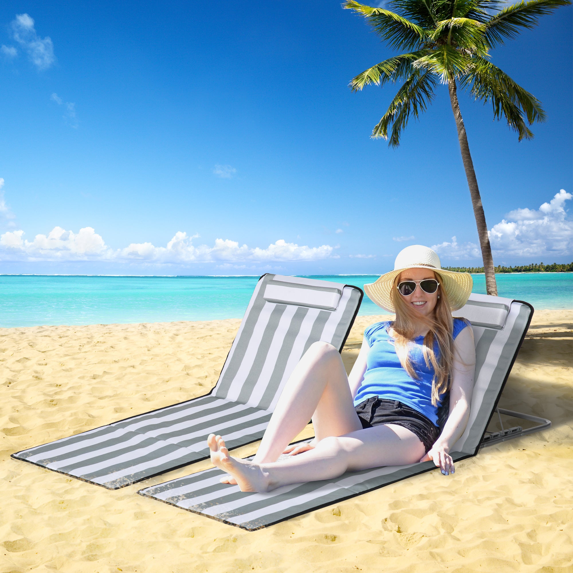 Outsunny Set of 2 Foldable Garden Beach Chair Mat Lightweight Outdoor Sun Lounger Seats Adjustable Back Metal Frame PE Fabric Head Pillow w/ Carry Bag, Light Grey - North Peak Garden Furniture