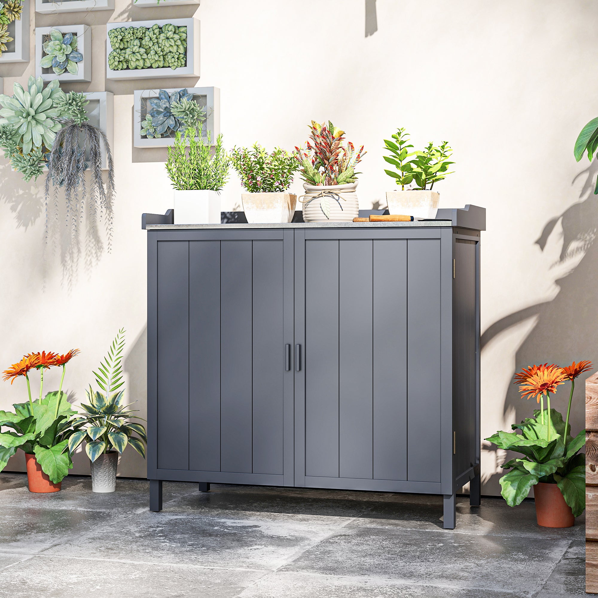 Outsunny Garden Storage Cabinet, Outdoor Tool Shed, Potting Bench Table with Galvanized Top and Two Shelves for Yard Tools or Pool Accessories, Grey