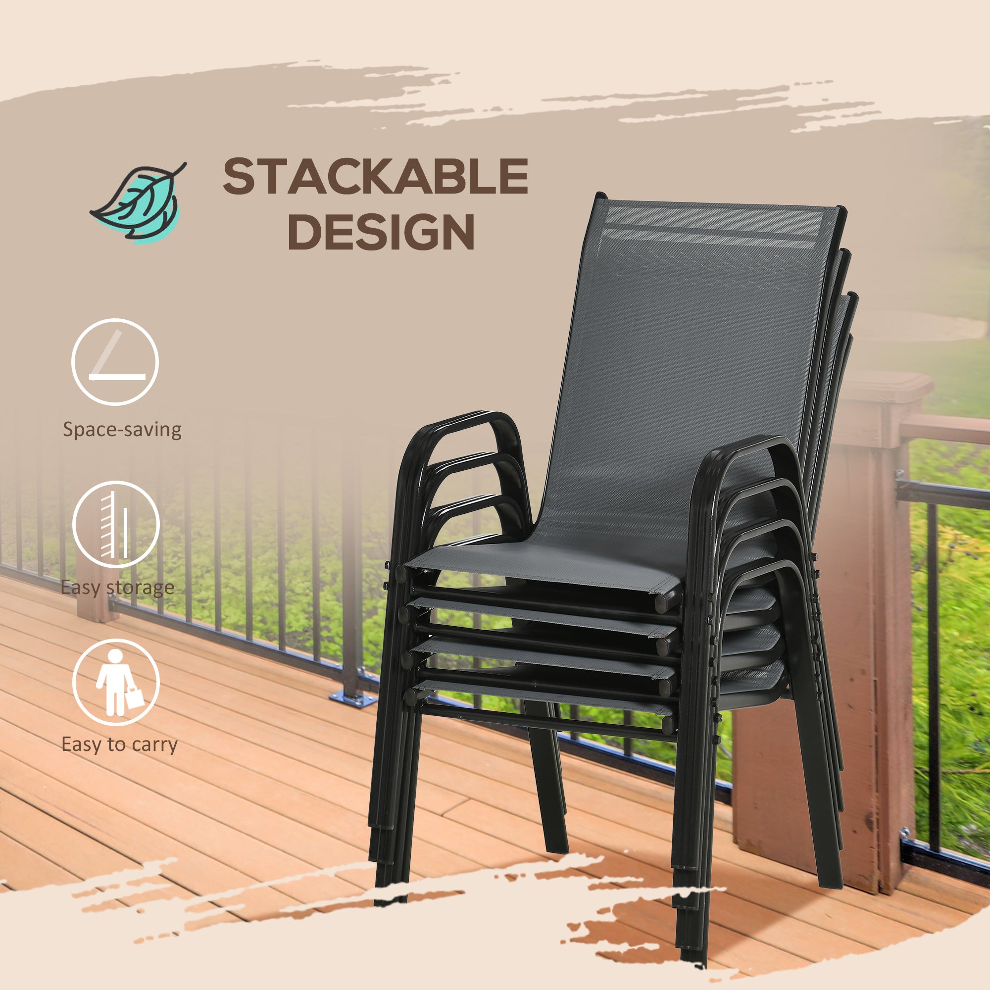 Outsunny Set of Four Stackable Mesh Seat Chairs - Dark Grey