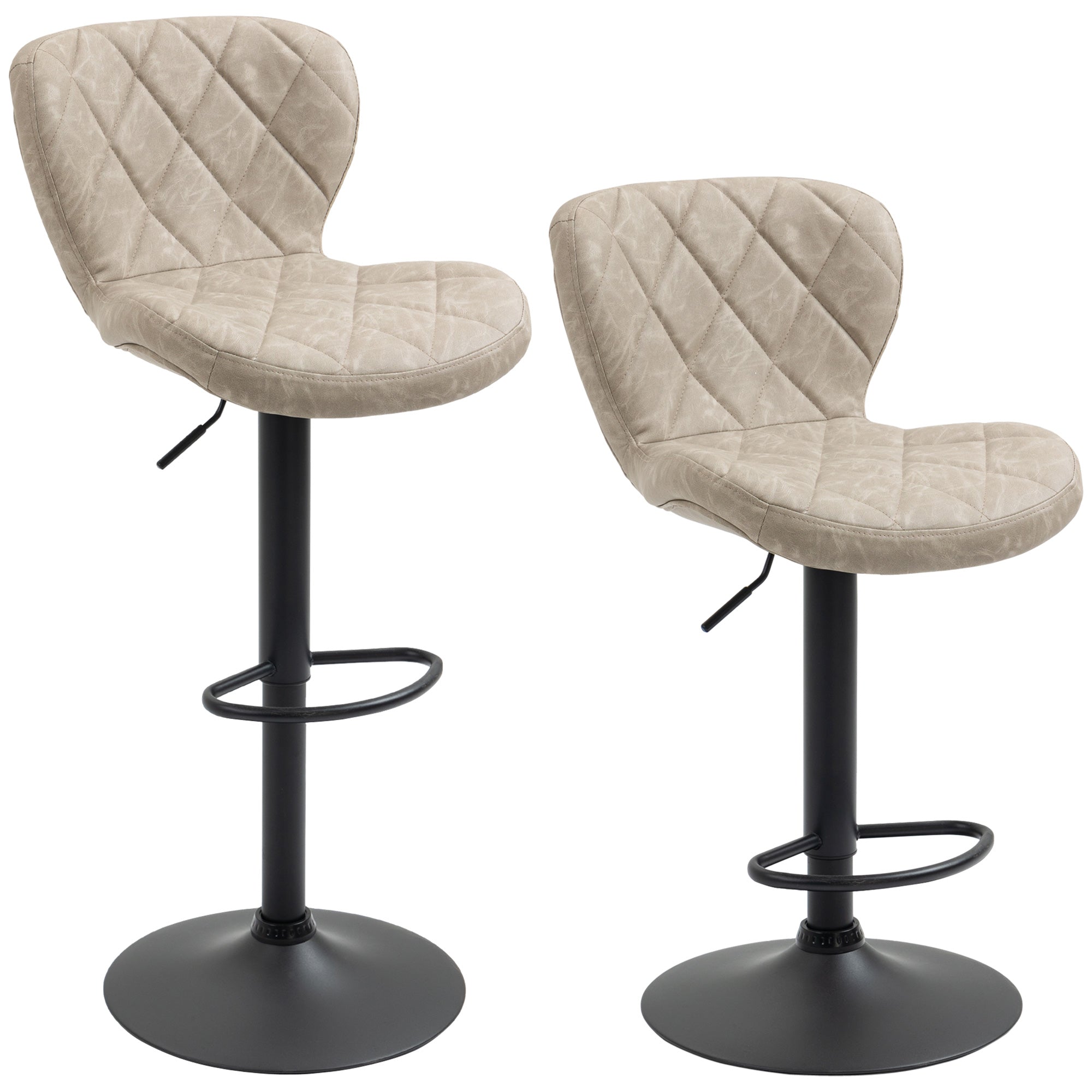HOMCOM Bar Stools, Set of 2 Breakfast Bar Chairs, Swivel Barstools with Backrest and Footrest, Steel Frame Diamond Pattern PU, for Kitchen Counter, Dining Room, Light Khaki - North Peak Garden Furniture