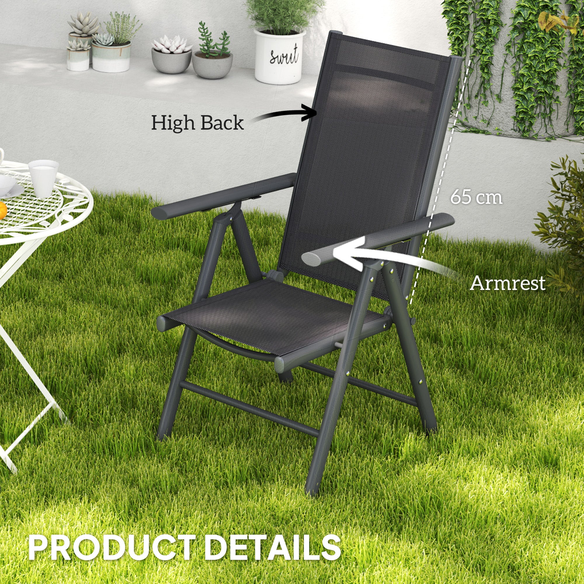 Outsunny Set of 2 Folding Chair, Aluminium Frame Outdoor Camping Chairs with Breathable Mesh Back and Seat, Garden Chair Set with Armrests for Balcony, Dark Grey - North Peak Garden Furniture