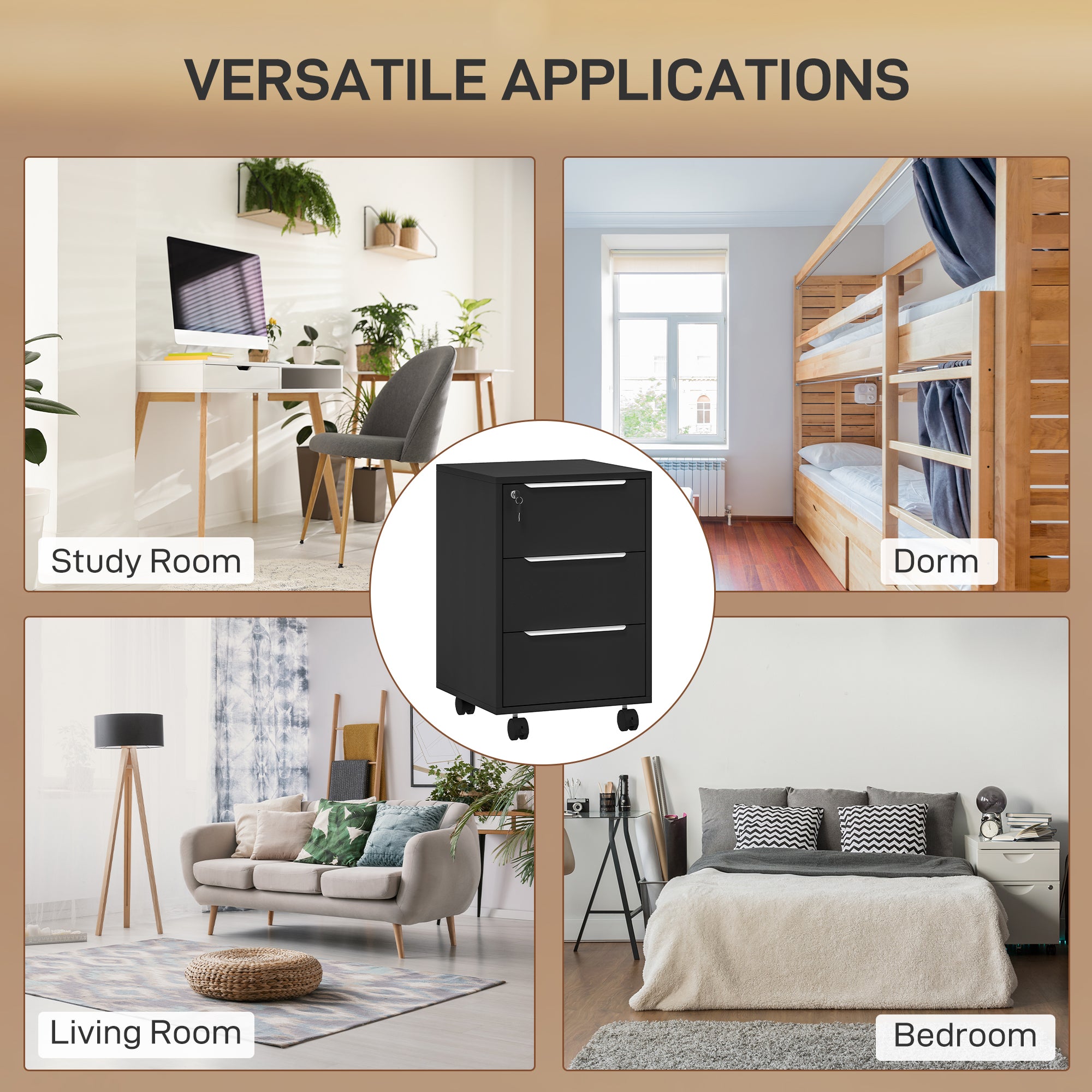 HOMCOM Three-Drawer Locking Filing Cabinet - Black - North Peak Garden Furniture