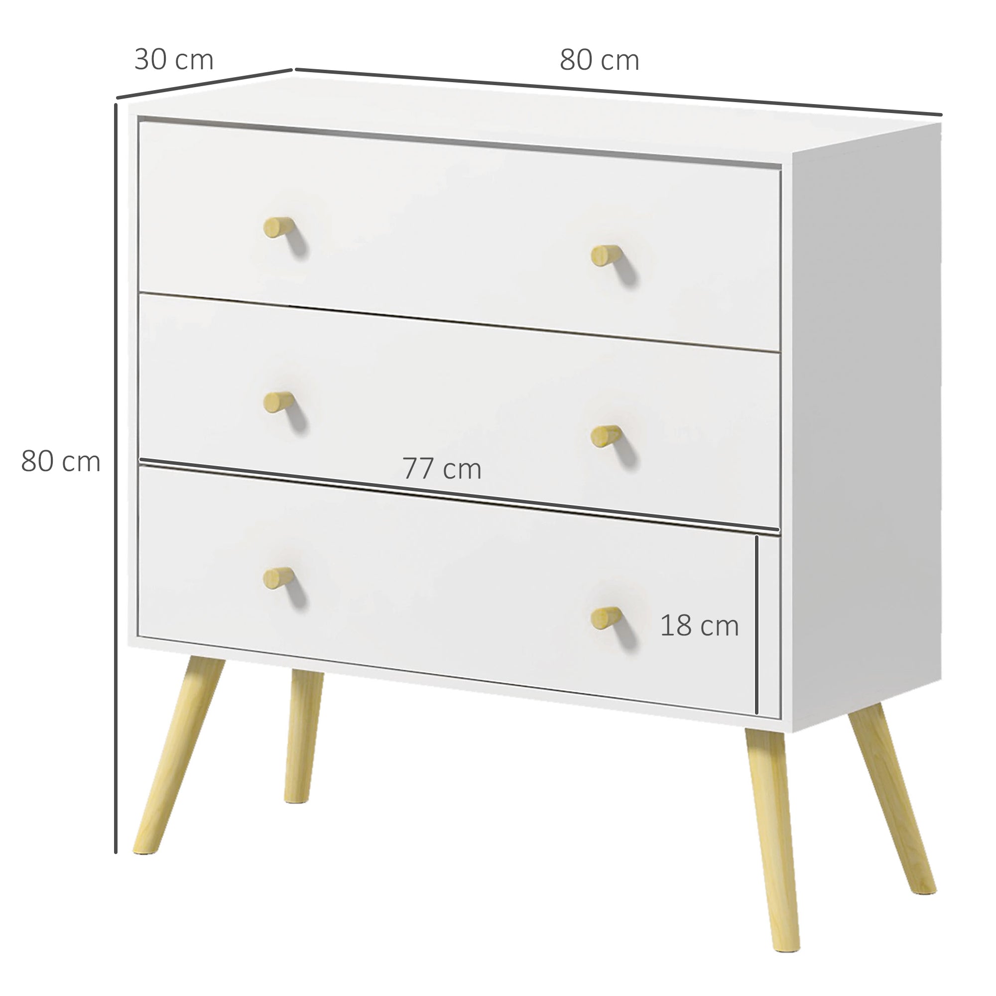HOMCOM Chest of Drawers, 3-Drawer Storage Organiser Unit with Wood Legs for Bedroom, Living Room, White - North Peak Garden Furniture