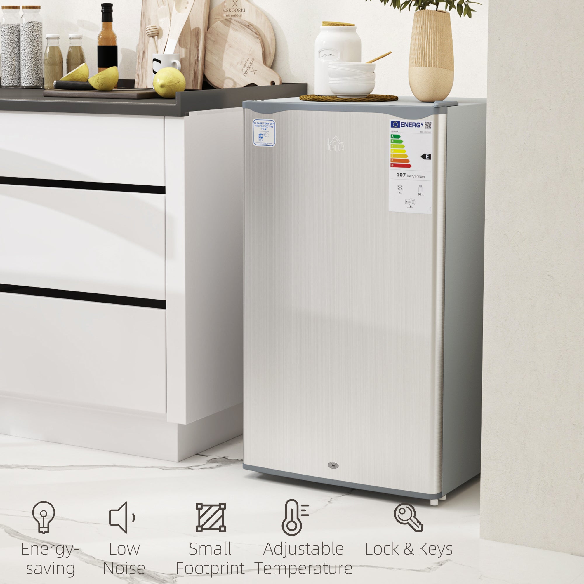 HOMCOM 91L Freestanding Under-Counter Fridge with Lock - Silver Tone - North Peak Garden Furniture