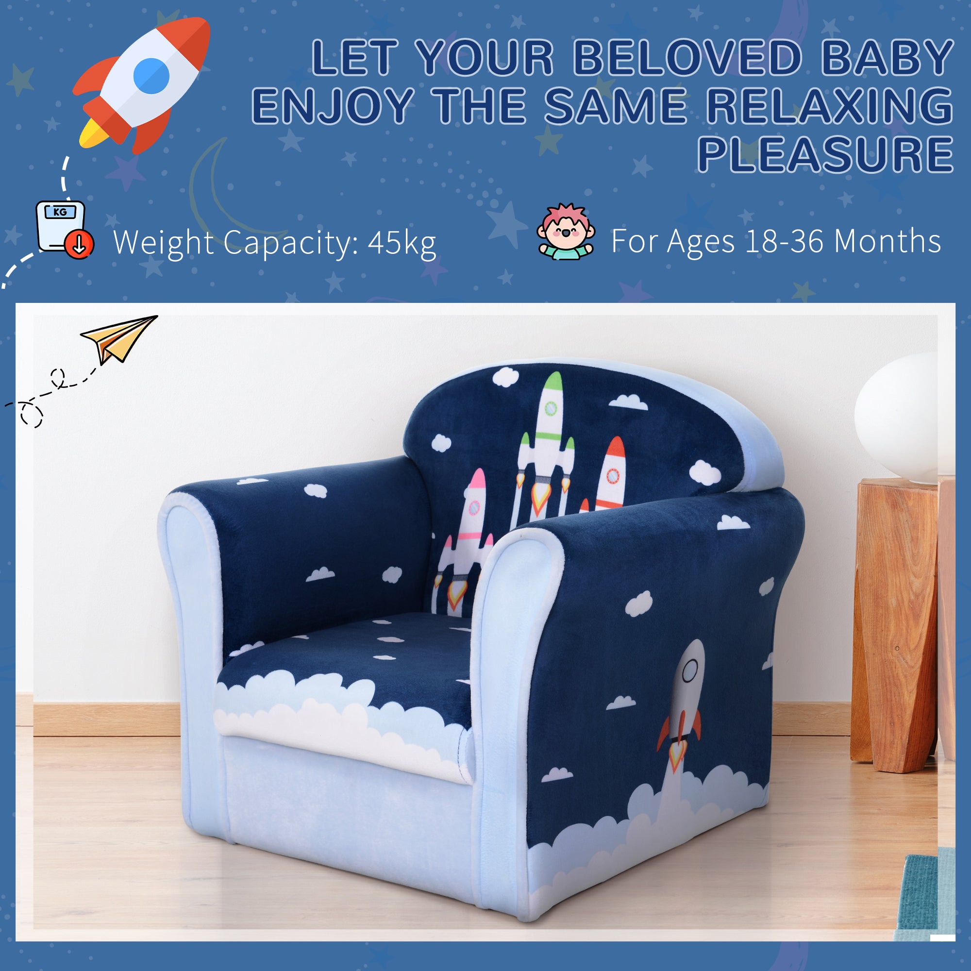 HOMCOM Children Chair Armchair Single Sofa, 50 x 39 x 44cm, for 18M+, Blue - North Peak Garden Furniture