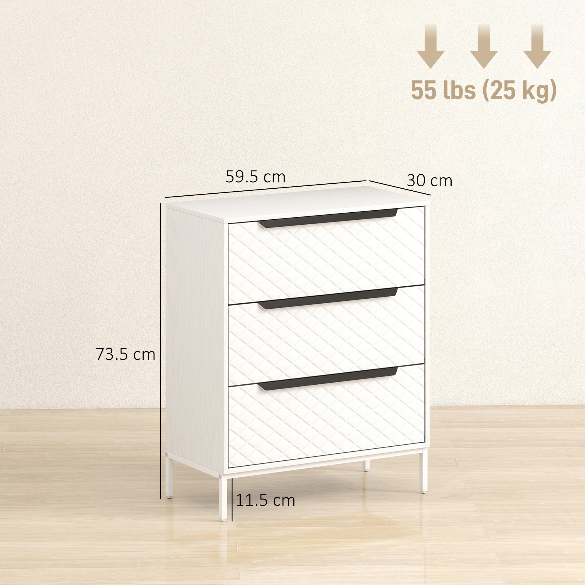 HOMCOM Chest of Drawers, Dresser with 3 Fabric Drawers and Aluminium Handles - White