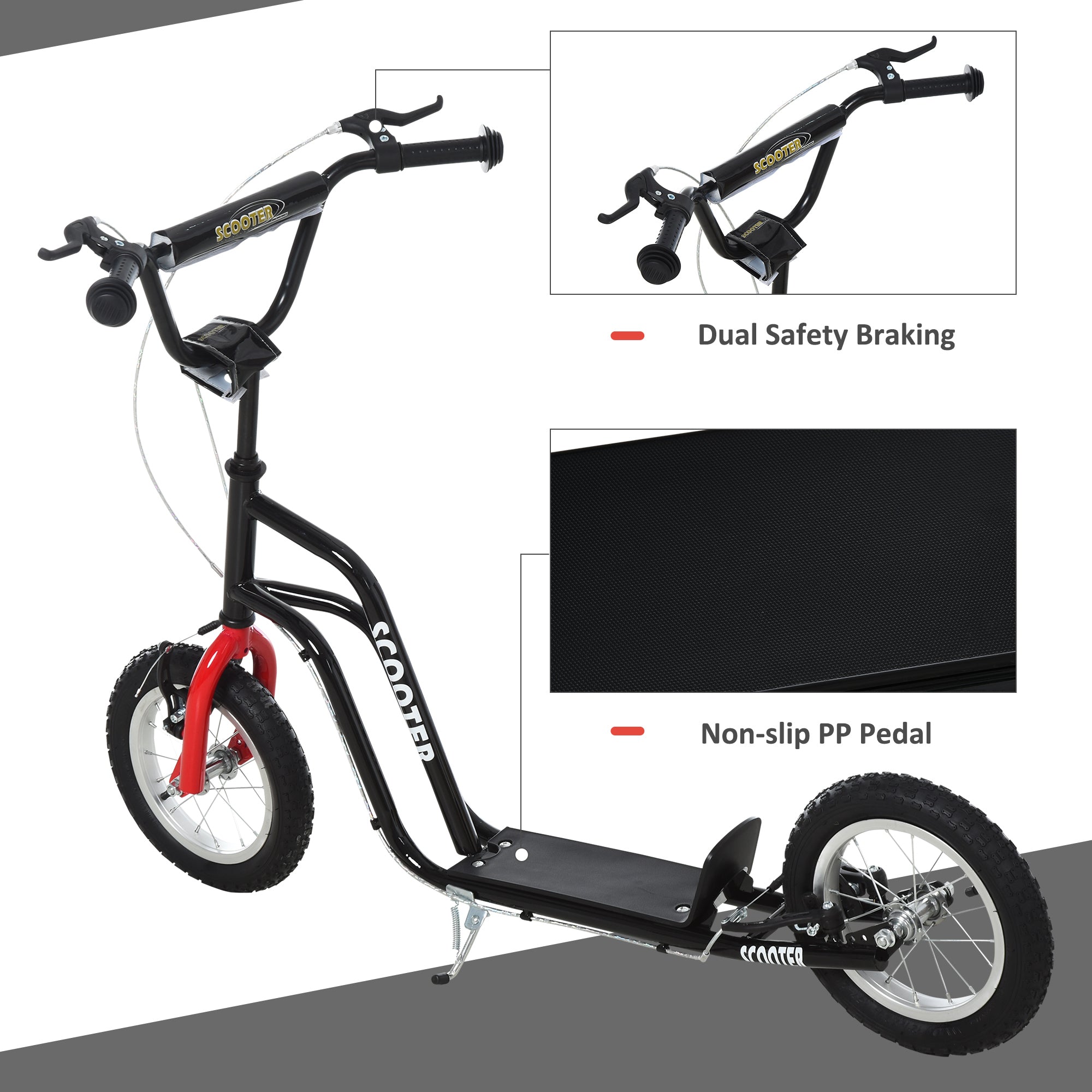 HOMCOM Teen Kids Stunt Scooter Children Kick Scooter Adjustable Handlebar 2 Brakes Ride On 12 Inch Rubber Tyres Black