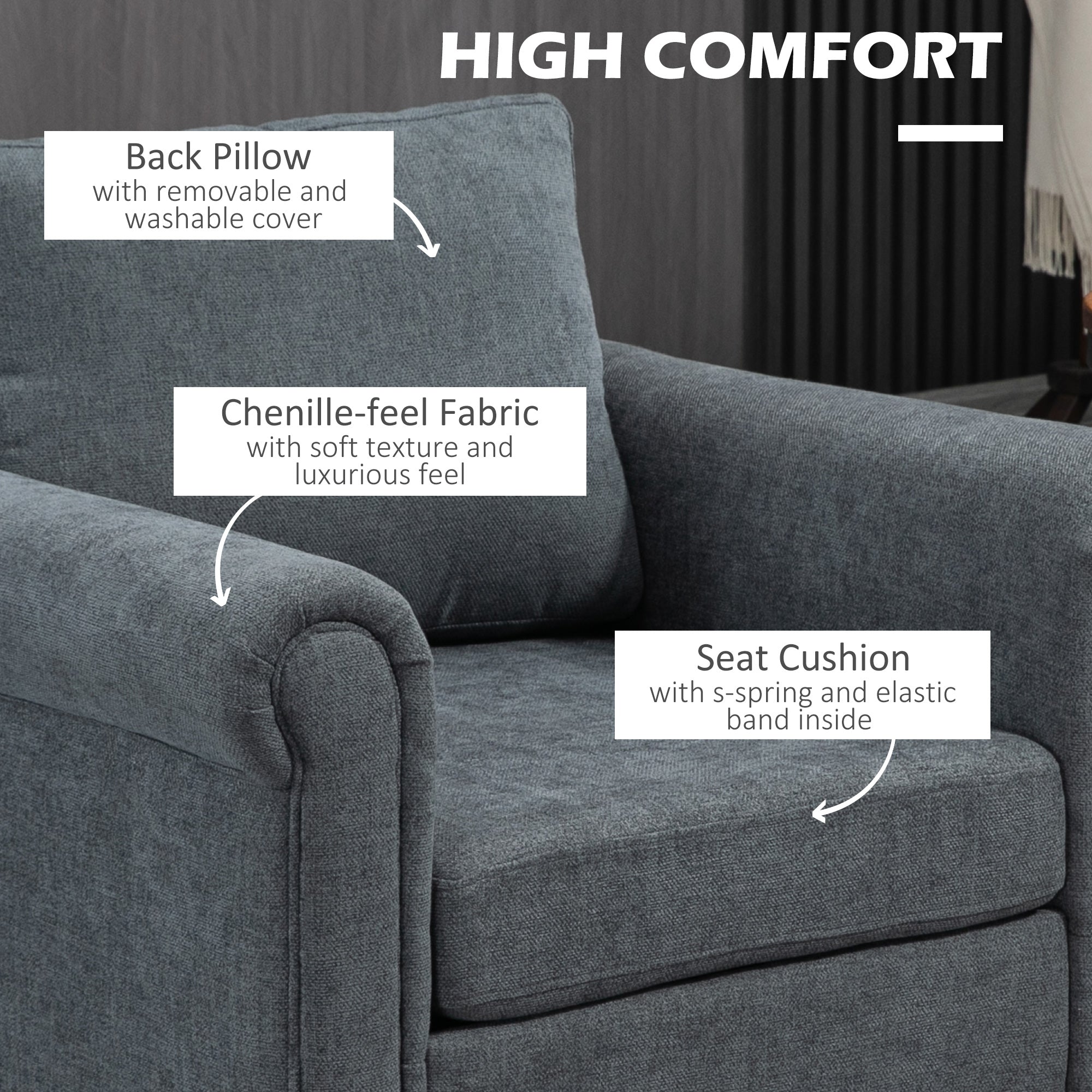 HOMCOM Vintage Accent Chair, Upholstered Occasional Chair with Back Pillow, Rolled Arms, Rubber Wood Legs, Grey - North Peak Garden Furniture